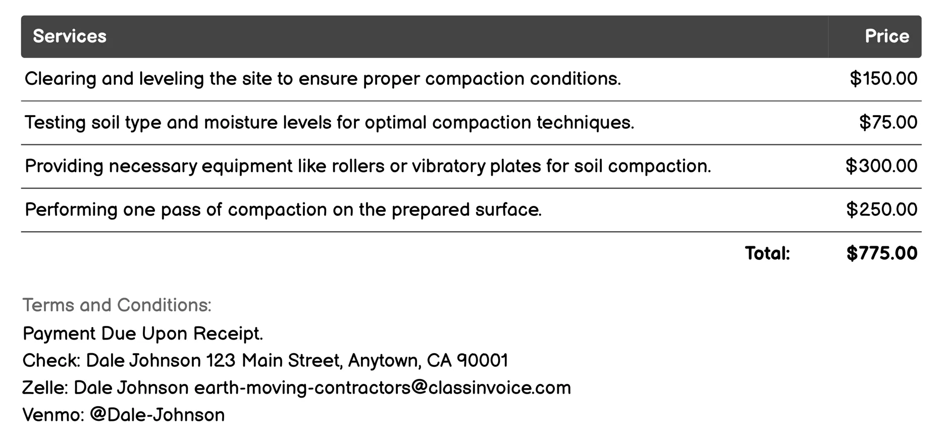 Soil Compaction Invoice Example