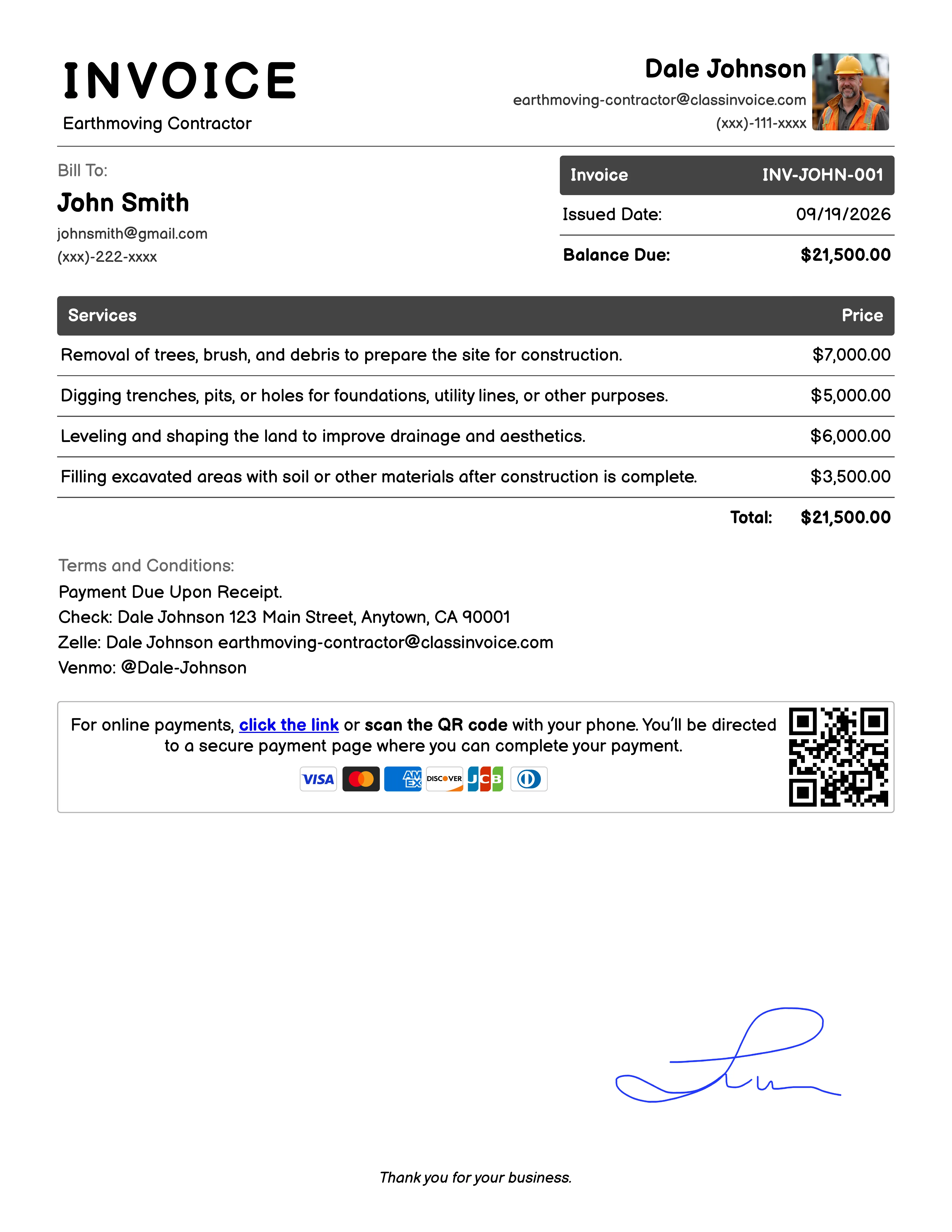 Earthmoving Contractor Invoice Example