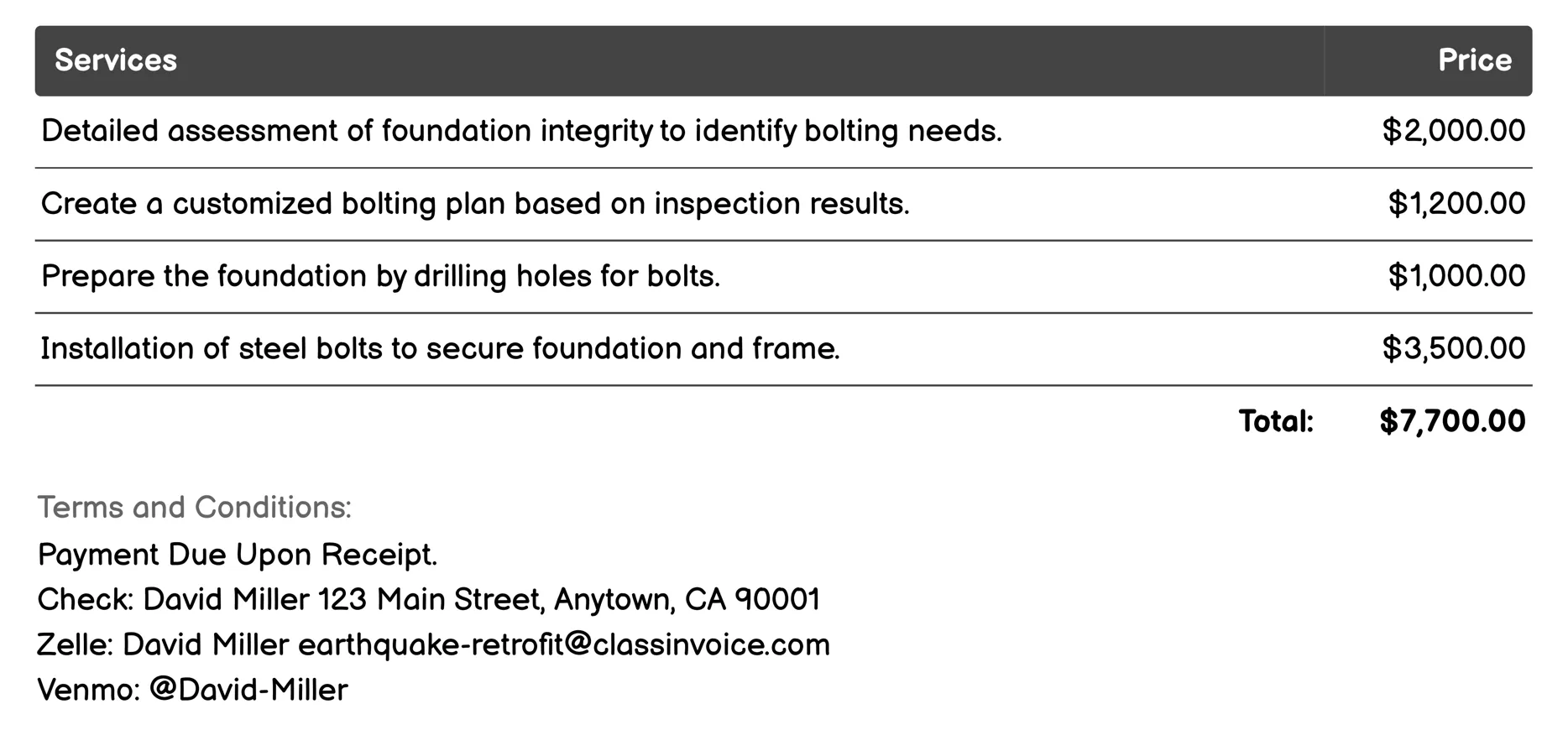 Foundation Bolting Invoice Example