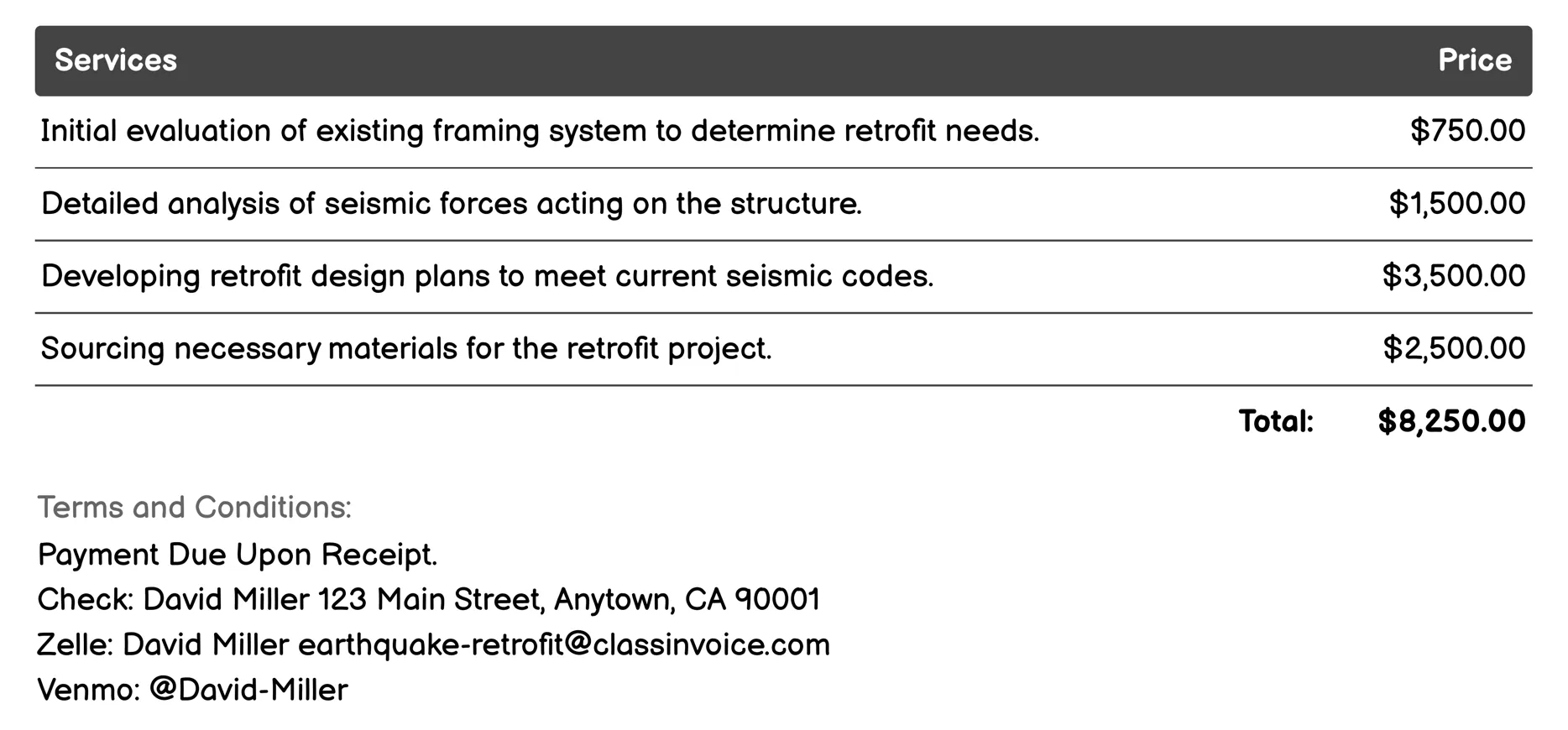 Framing System Upgrade Invoice Example