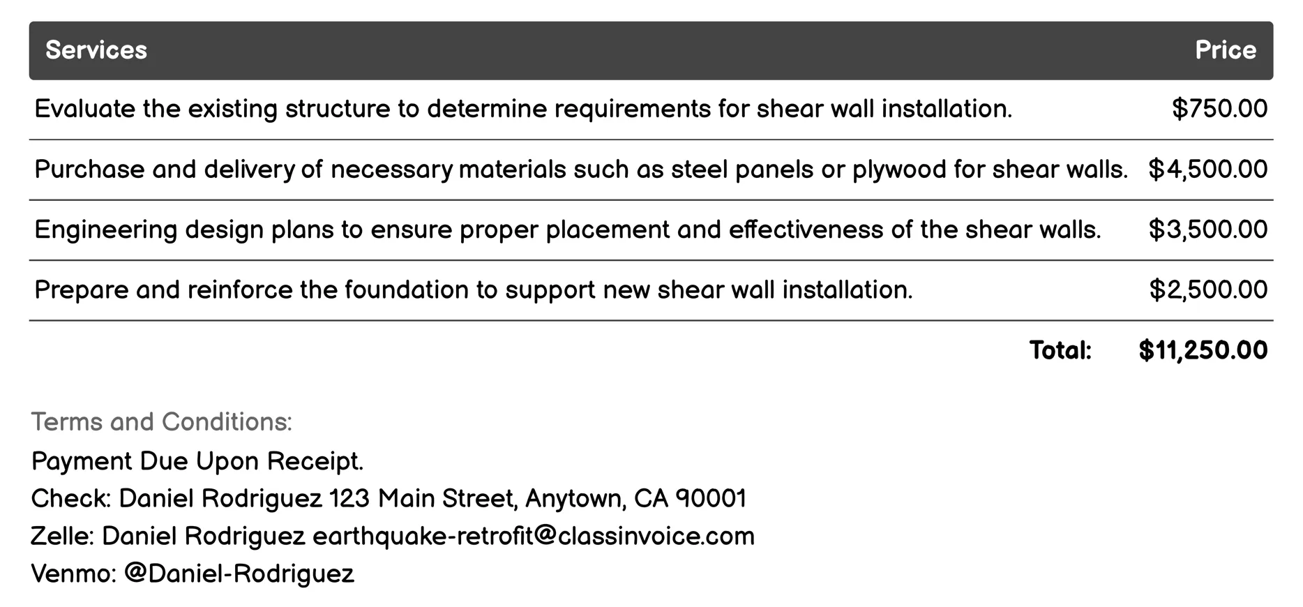 Shear Wall Installation Invoice Example