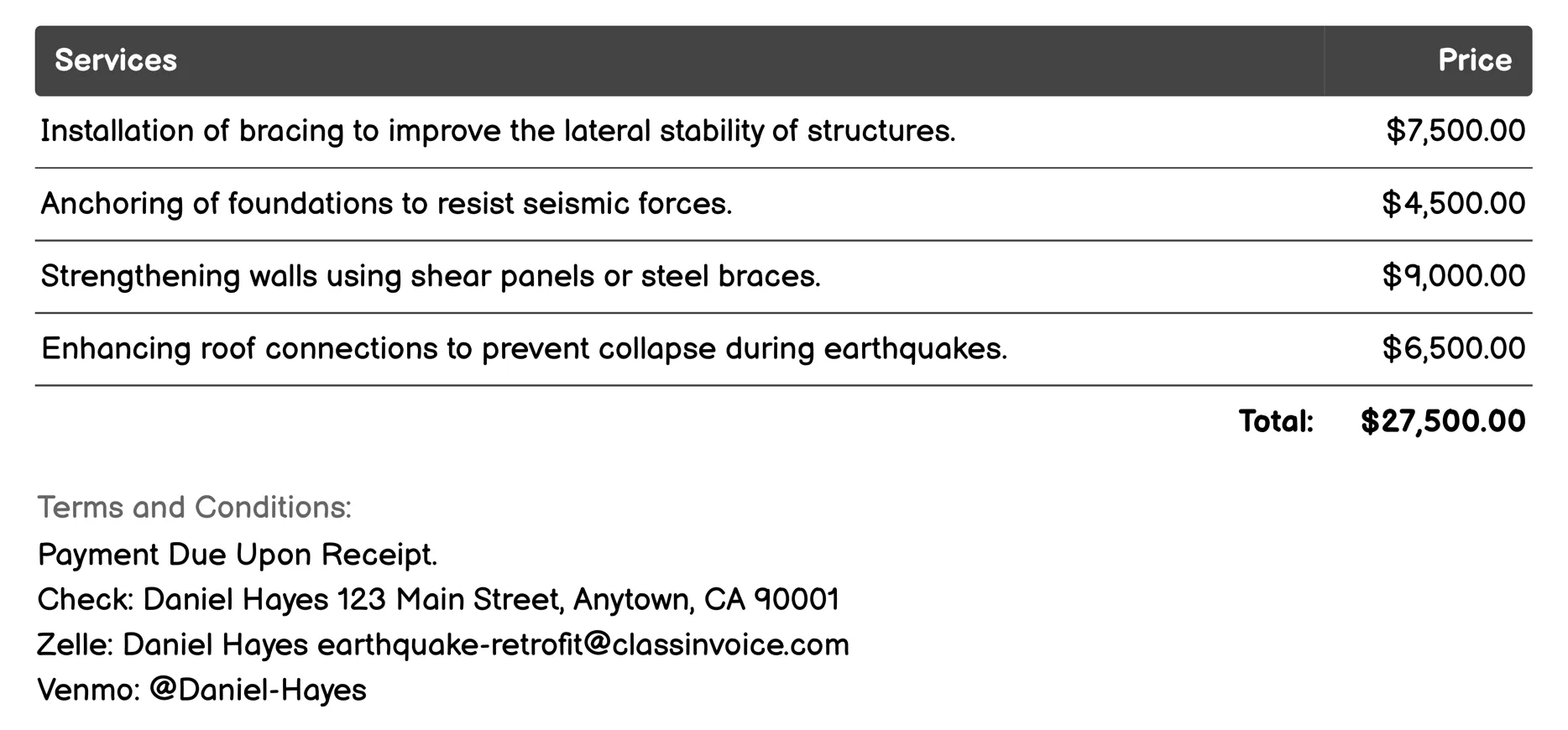 Structural Reinforcement Invoice Example