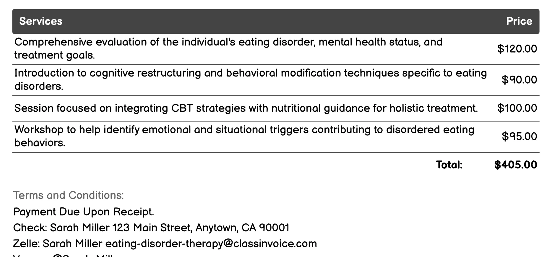 Cognitive Behavioral Therapy (CBT) Invoice Example