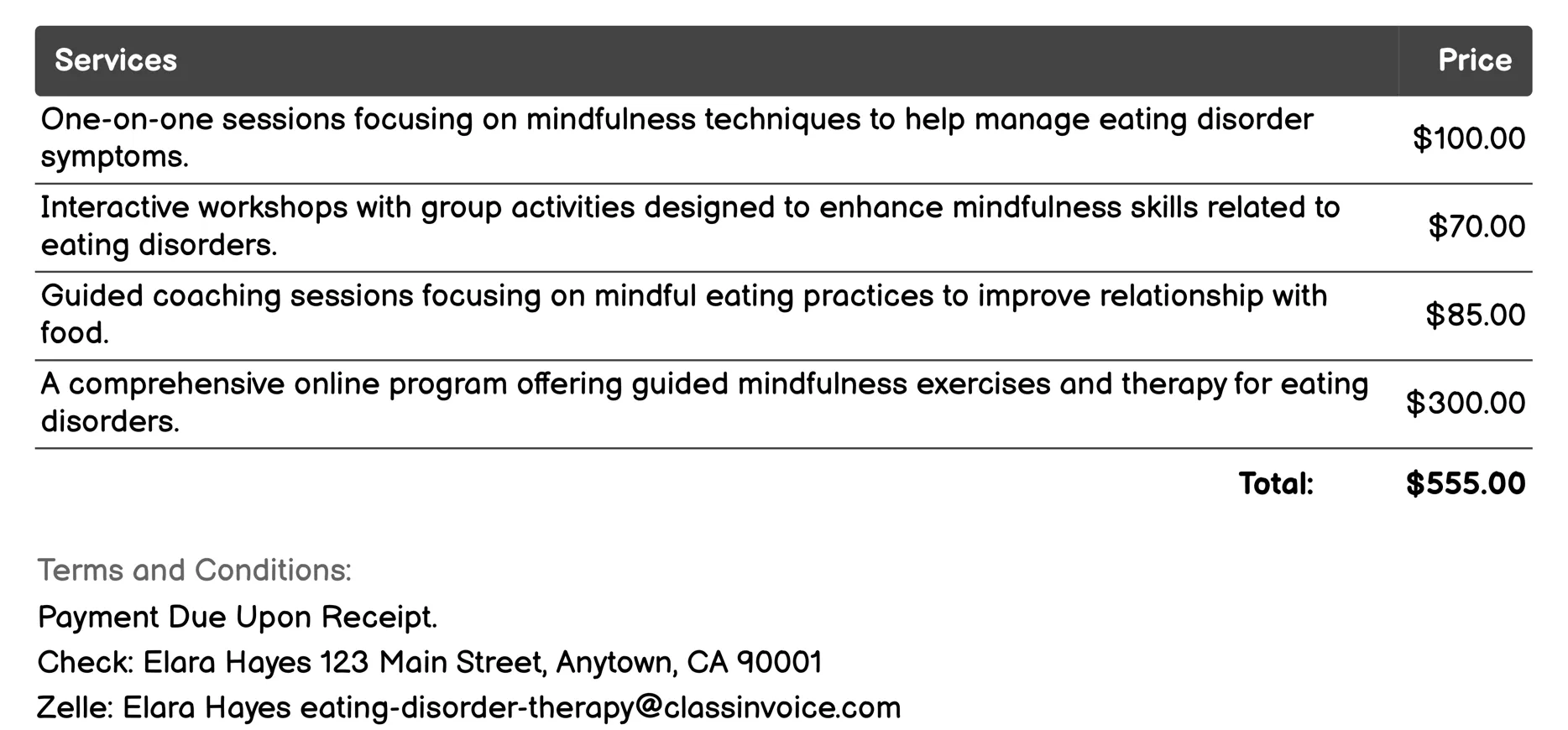 Mindfulness-Based Therapy Invoice Example