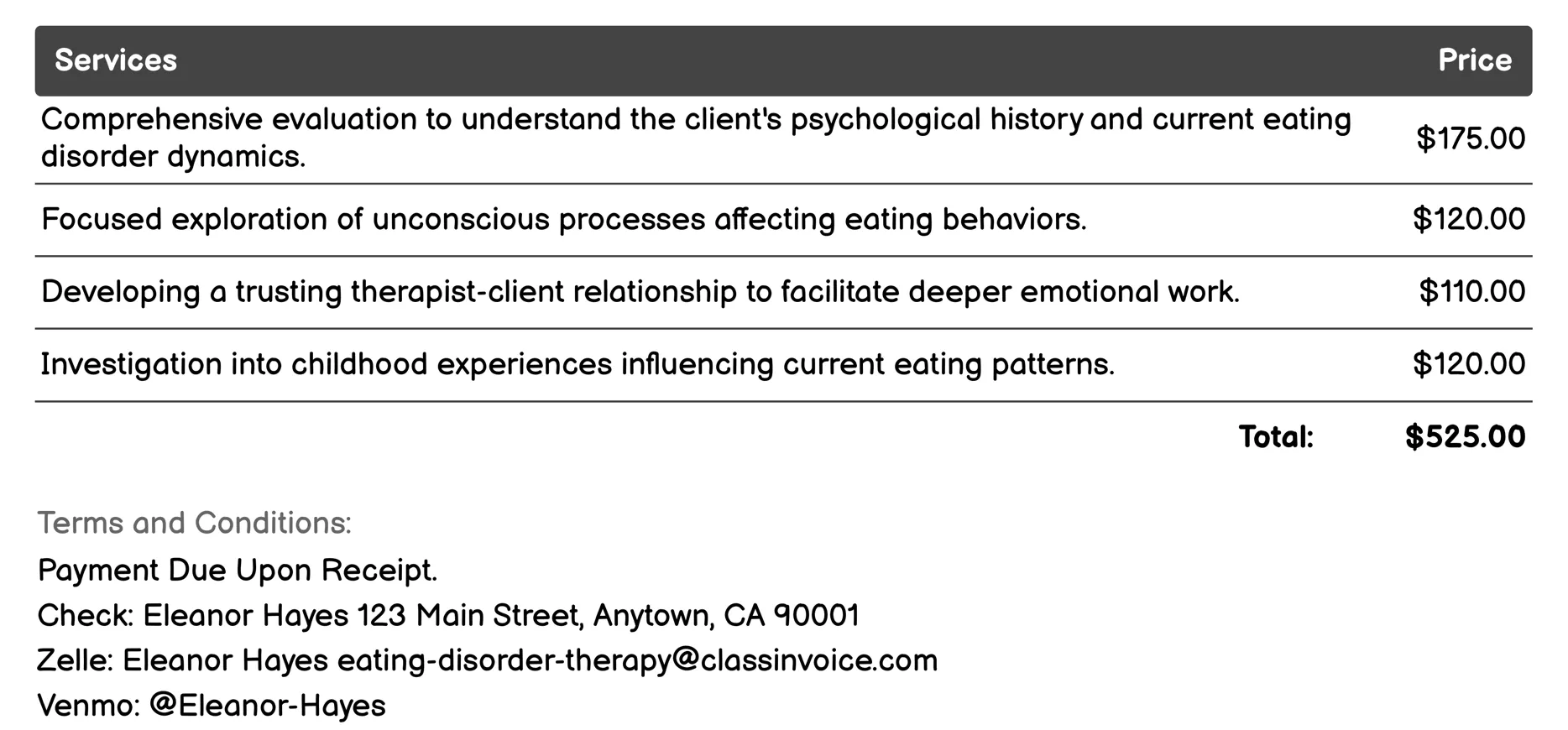 Psychodynamic Therapy Invoice Example