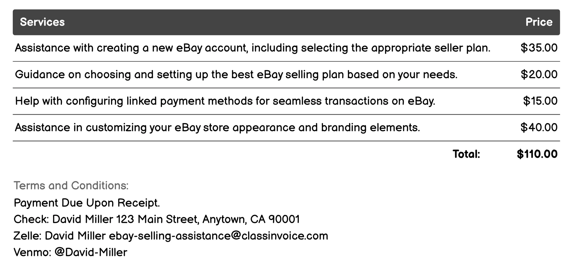 Account Setup Invoice Example