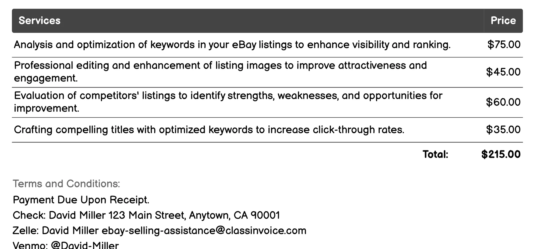 Listing Optimization Invoice Example