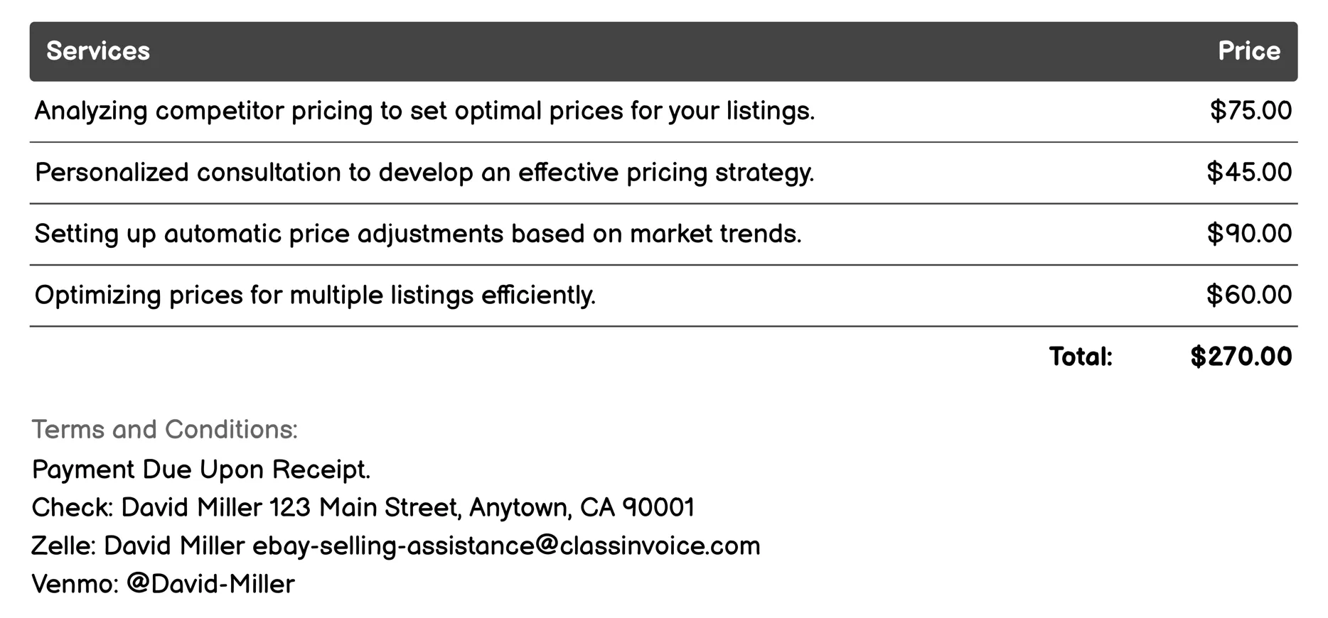 Pricing Strategy Invoice Example