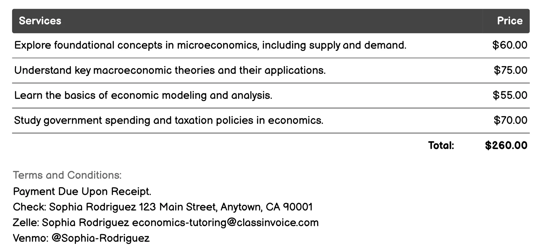 Group Tutoring Sessions Invoice Example