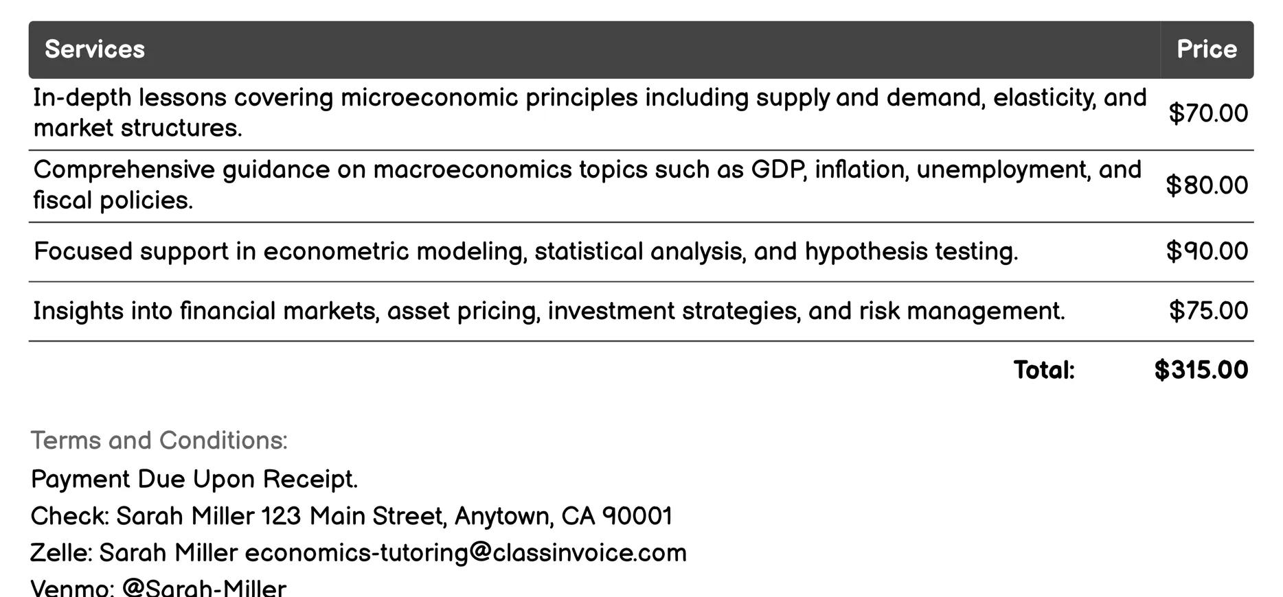 One-on-One Tutoring Invoice Example