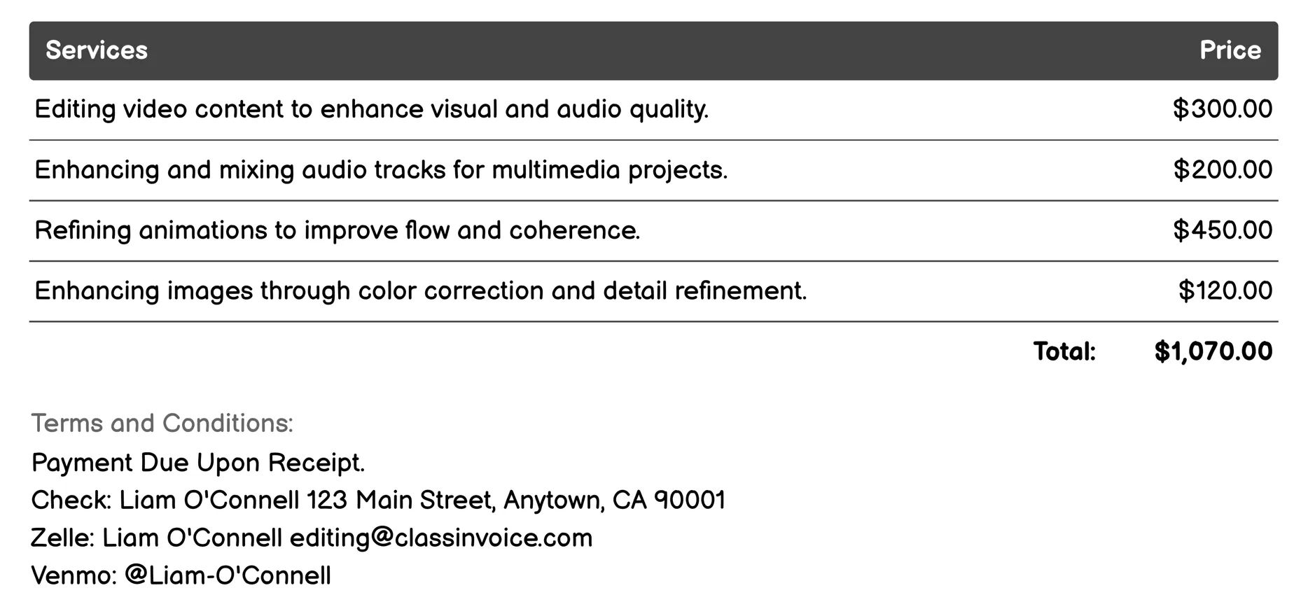 Multimedia Content Editing Invoice Example