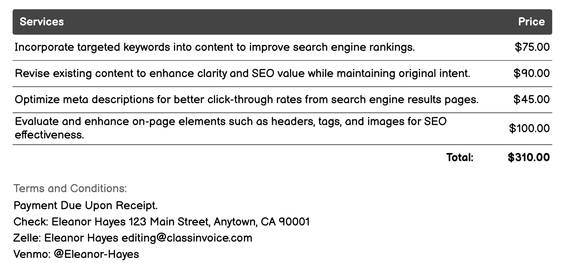 SEO Copywriting/Editing Invoice Example