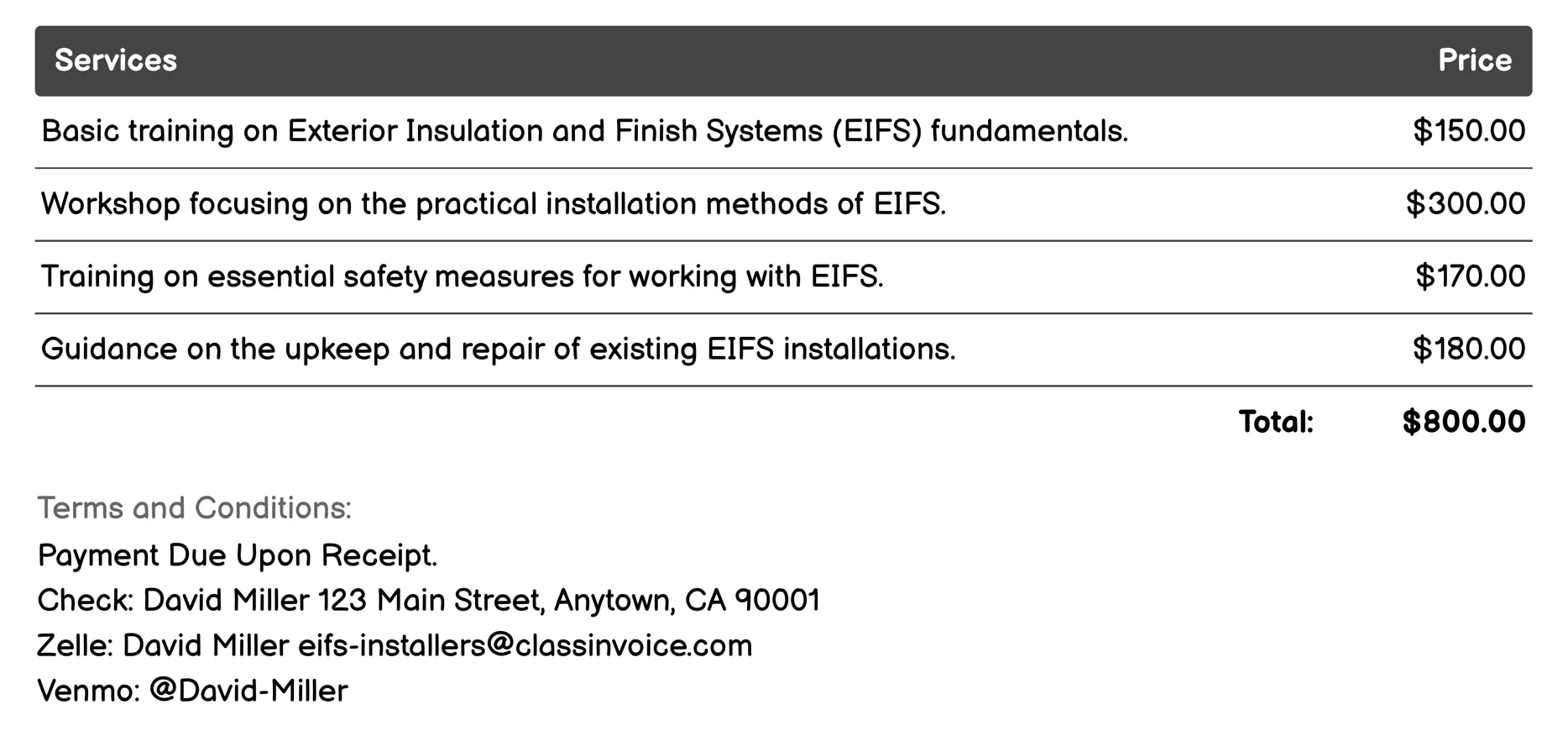 Training and Workshops Invoice Example