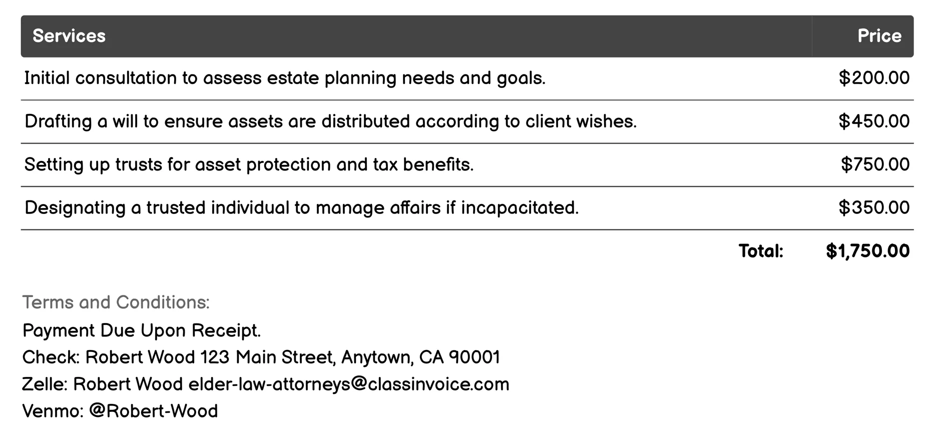 Estate Planning Invoice Example