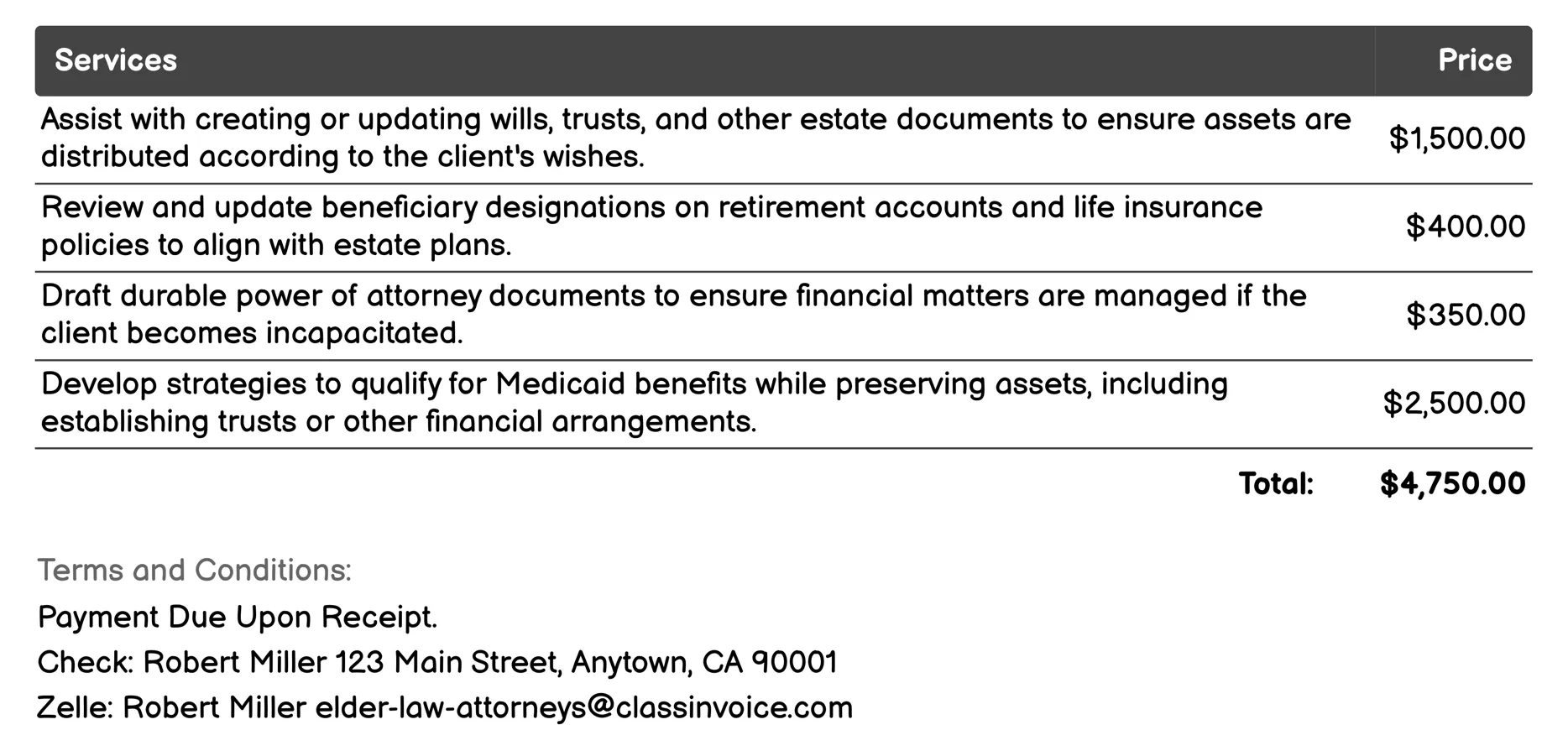Retirement Benefits Planning Invoice Example