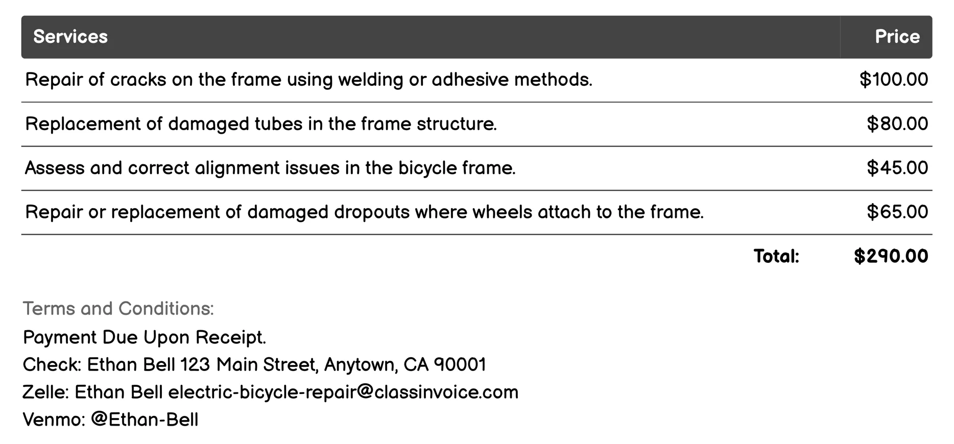 Frame Repair Invoice Example