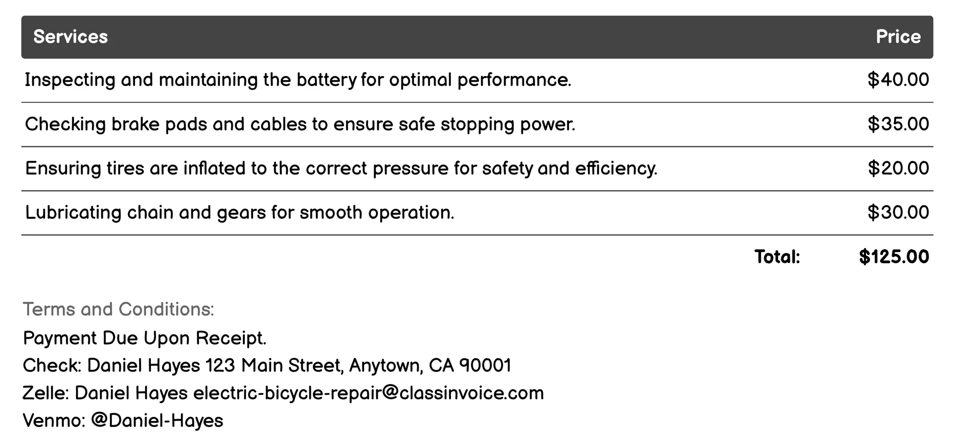 General Tune-up Invoice Example