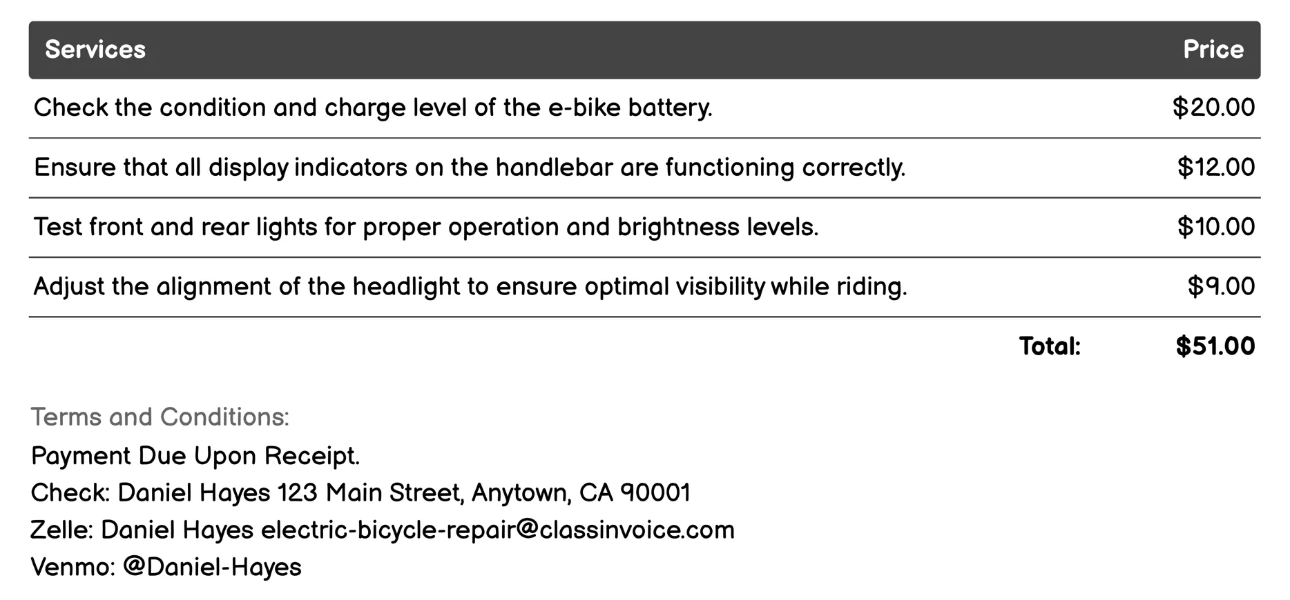 Light and Electrical System Check Invoice Example