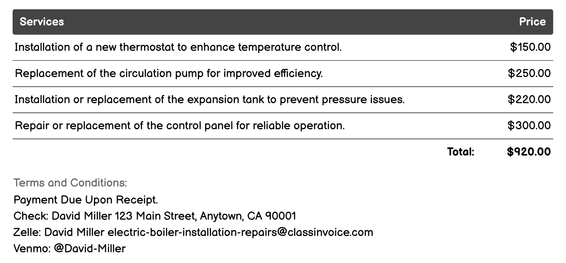 Replacement Parts Supply Invoice Example