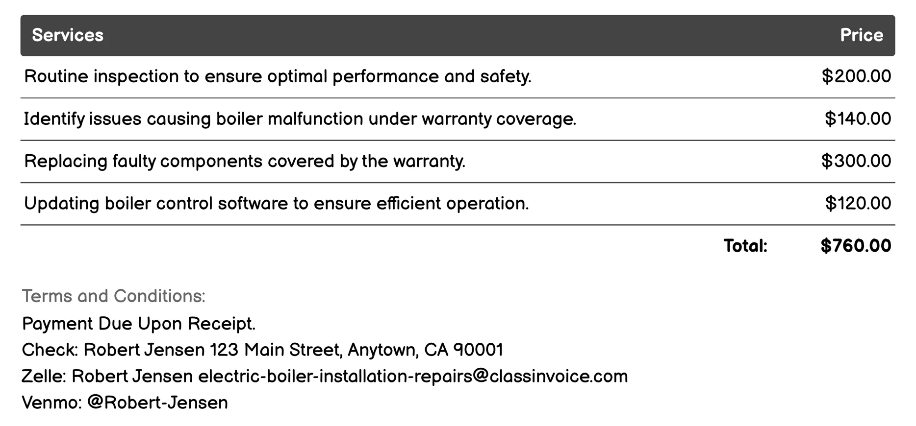Warranty Services Invoice Example
