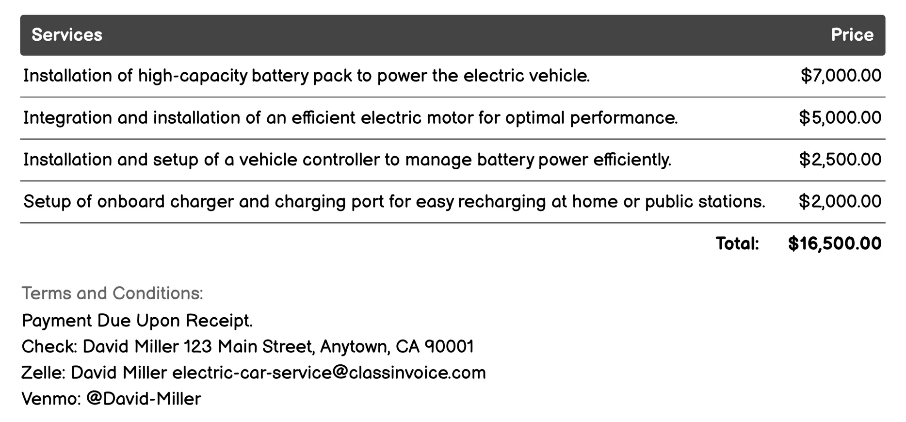 EV Conversion Services Invoice Example