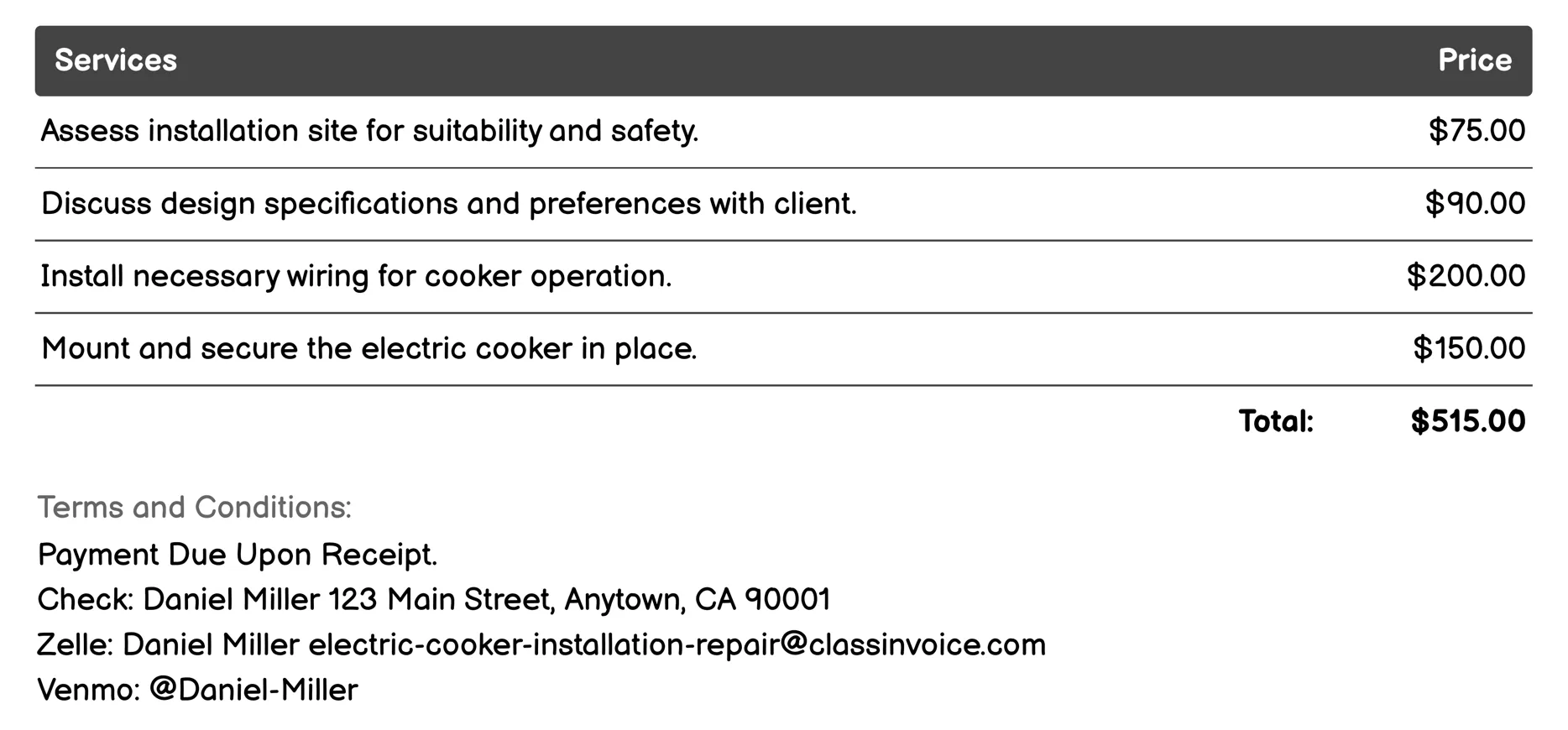 Custom Cooker Installation Invoice Example