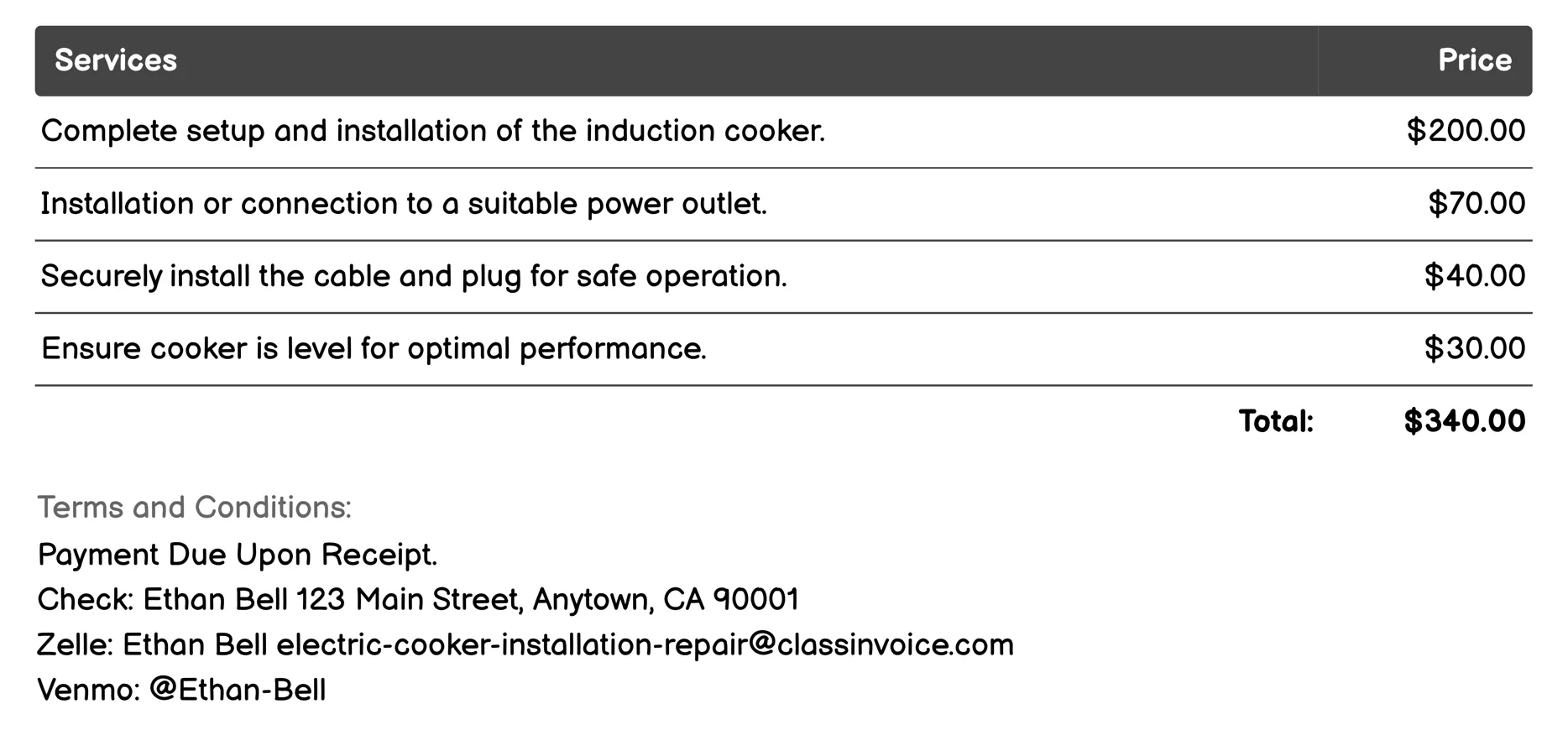 Induction Cooker Setup Invoice Example