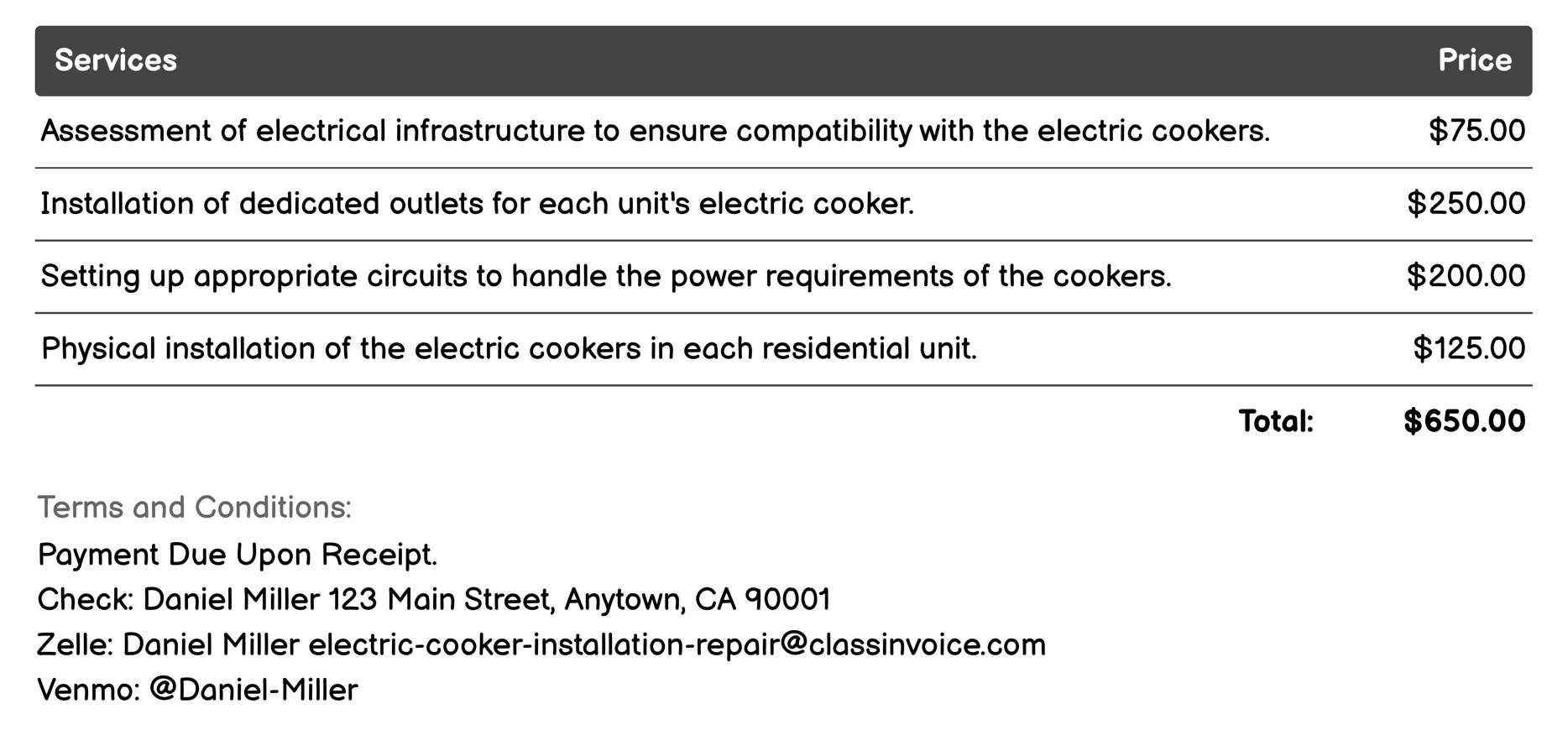 Multi-Unit Residential Installation Invoice Example