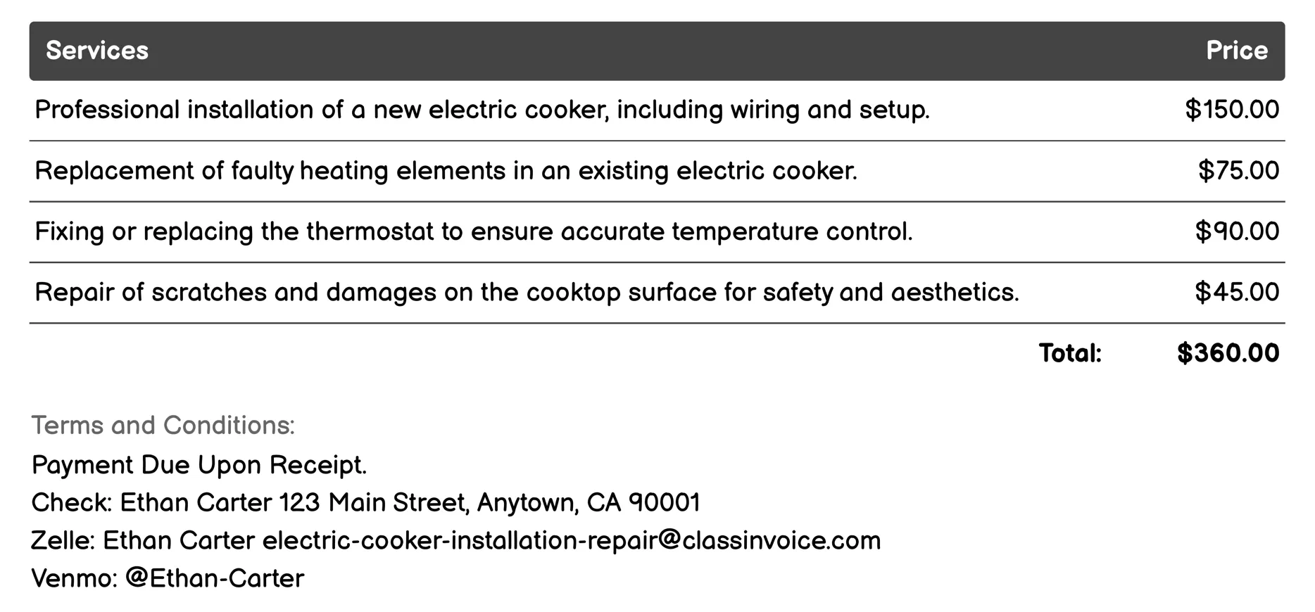 Repair and Maintenance Services Invoice Example