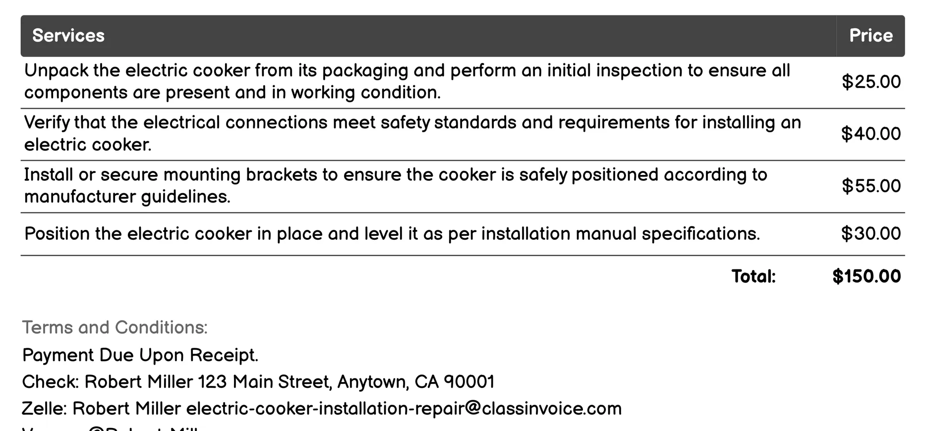Standard Electric Cooker Installation Invoice Example
