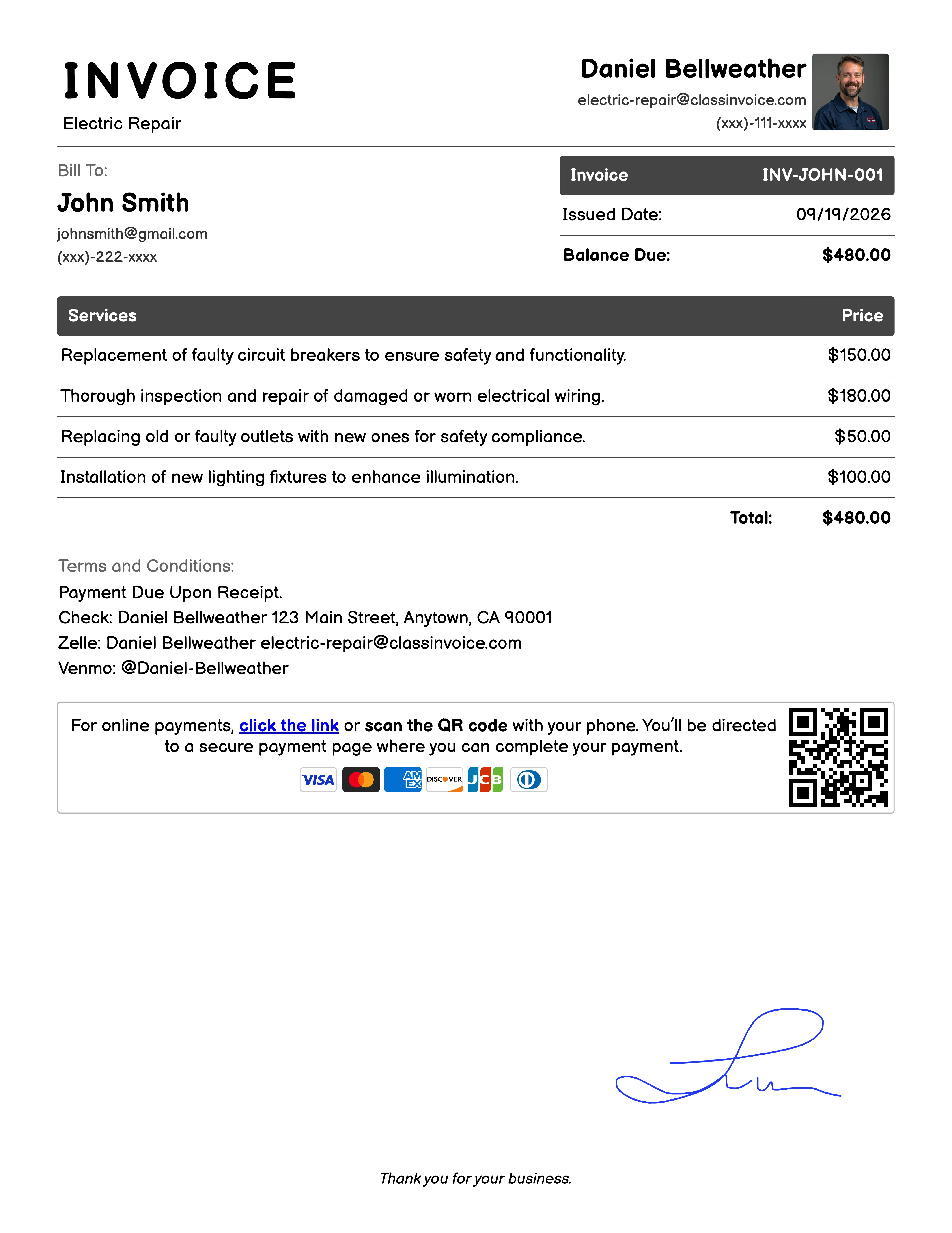 Electric Repair Invoice Example