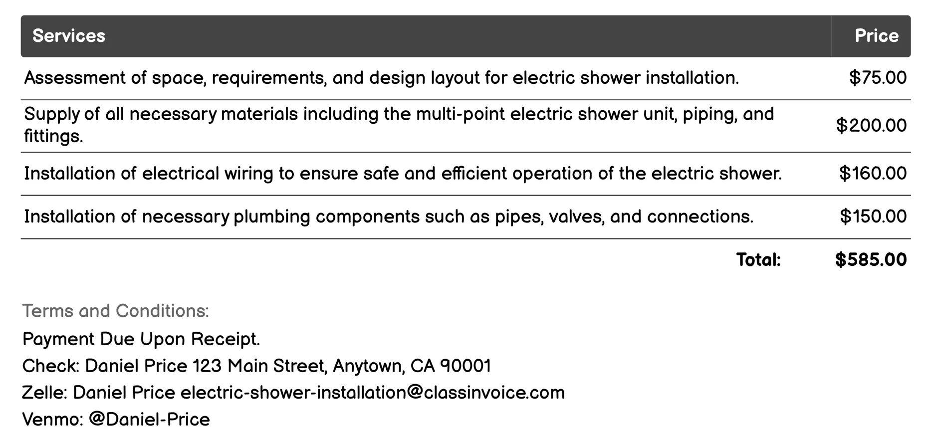 Multi-Point Electric Shower Installation Invoice Example
