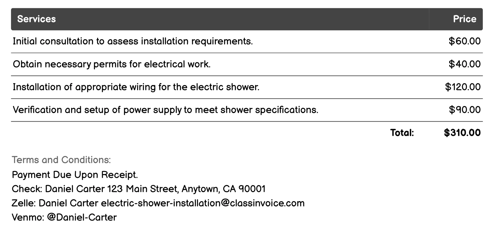 Power-Rated Electric Shower Installation Invoice Example