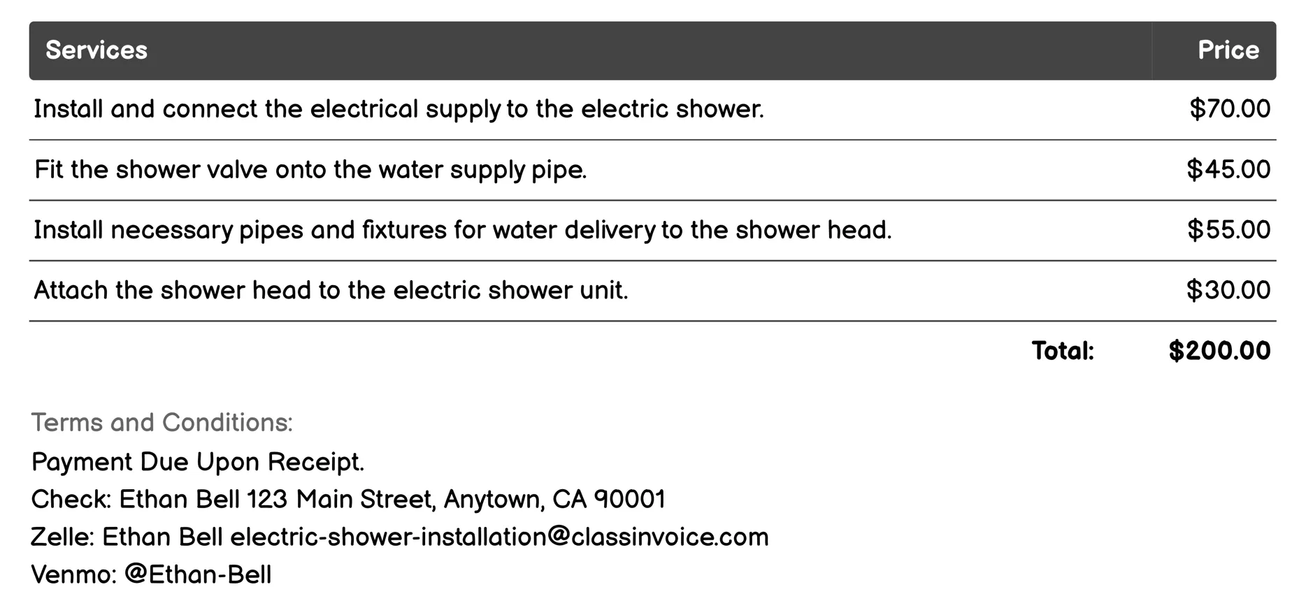 Standard Electric Shower Installation Invoice Example