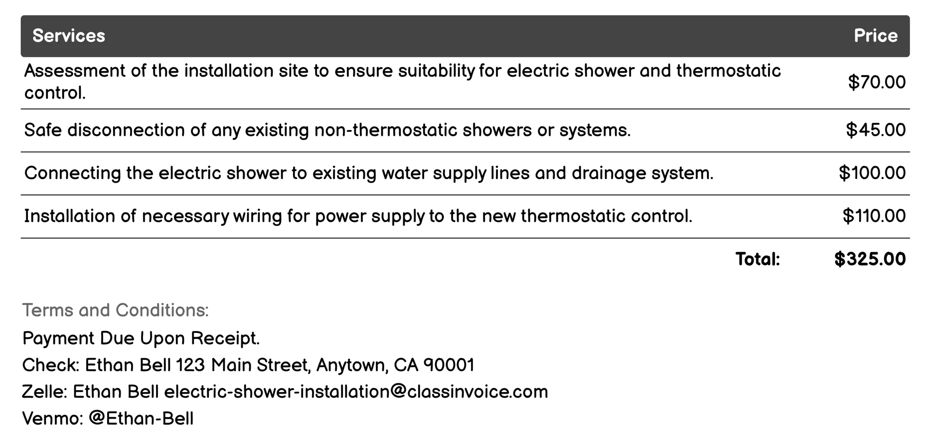 Thermostatic Control Installation Invoice Example