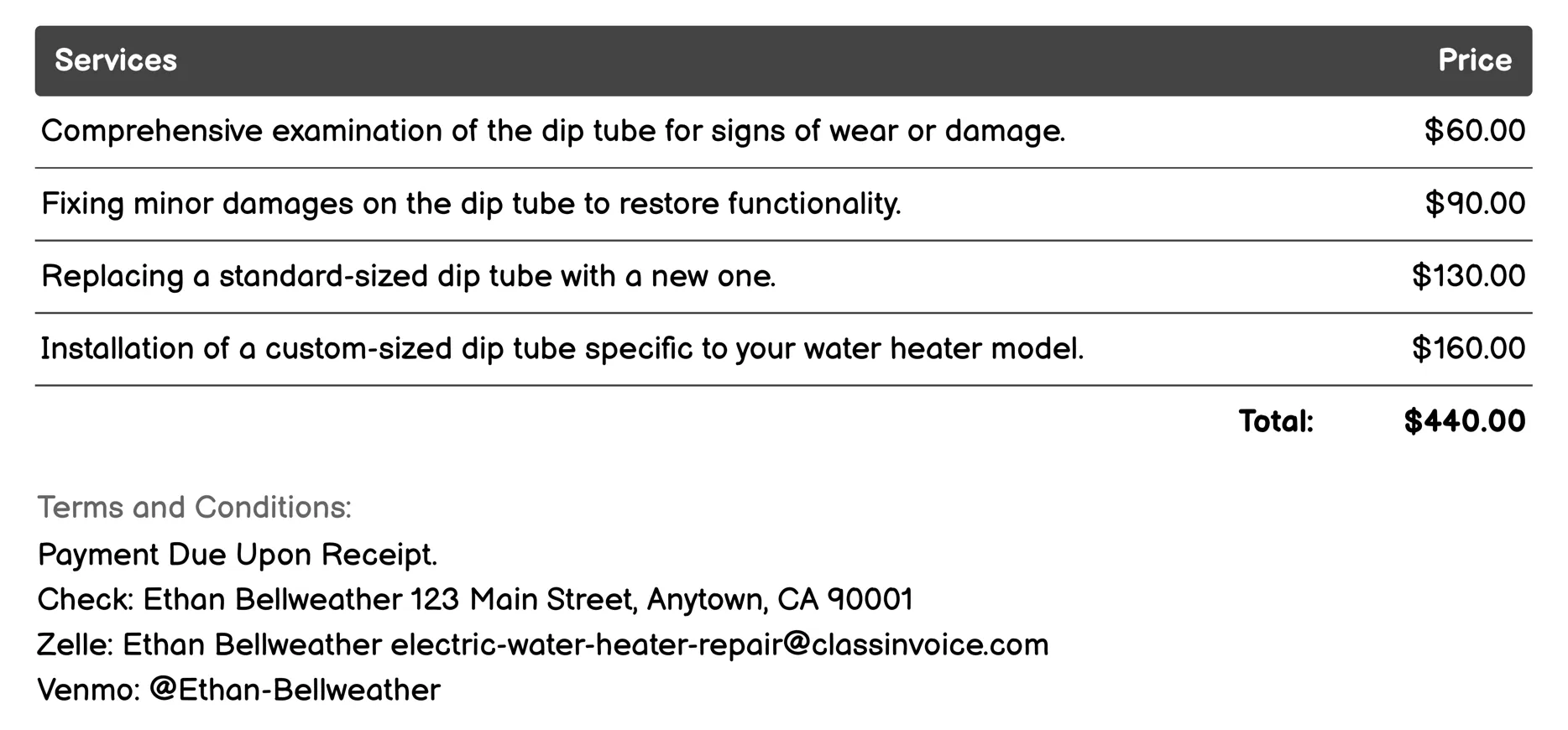 Dip Tube Repair or Replacement Invoice Example