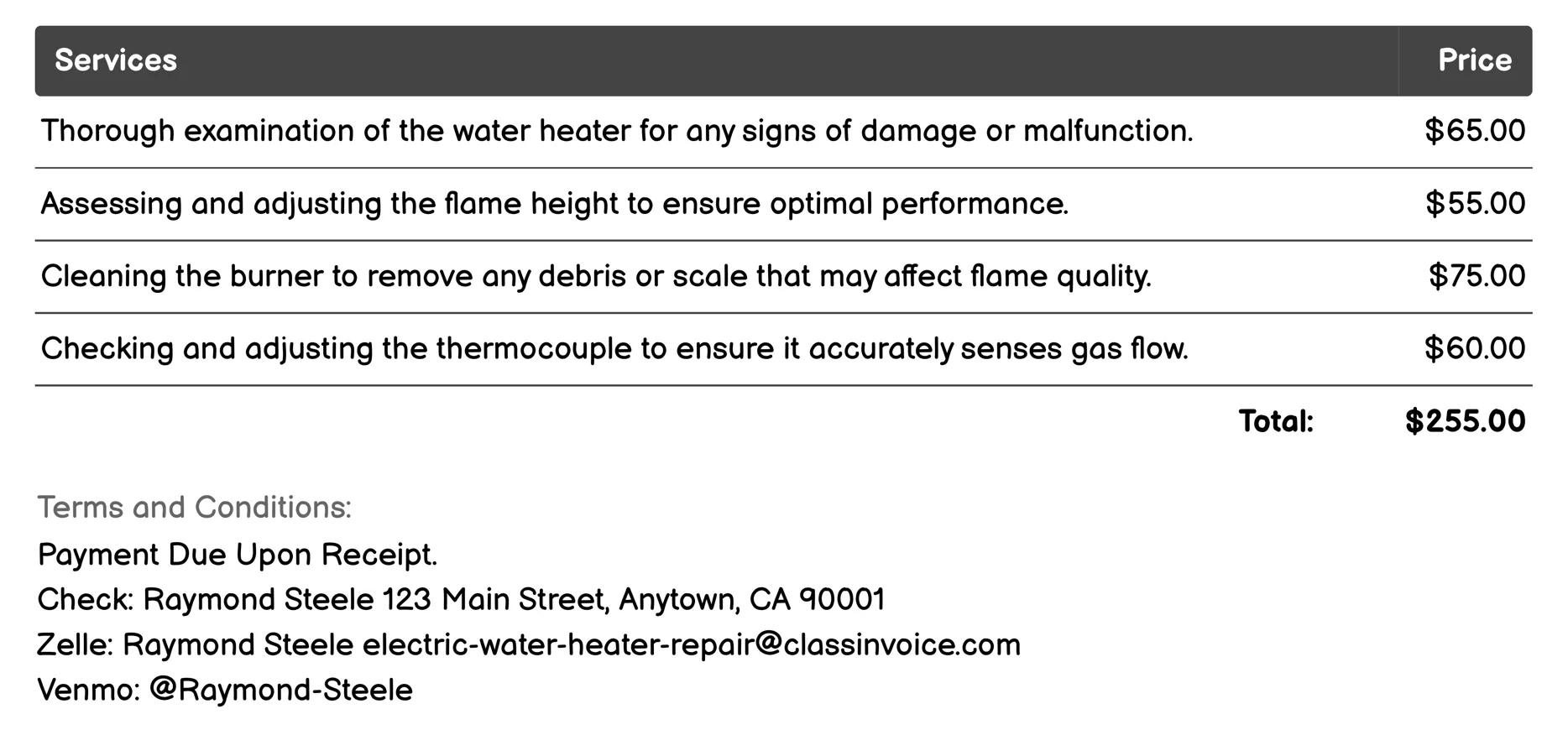 Flame Adjustment and Inspection Invoice Example