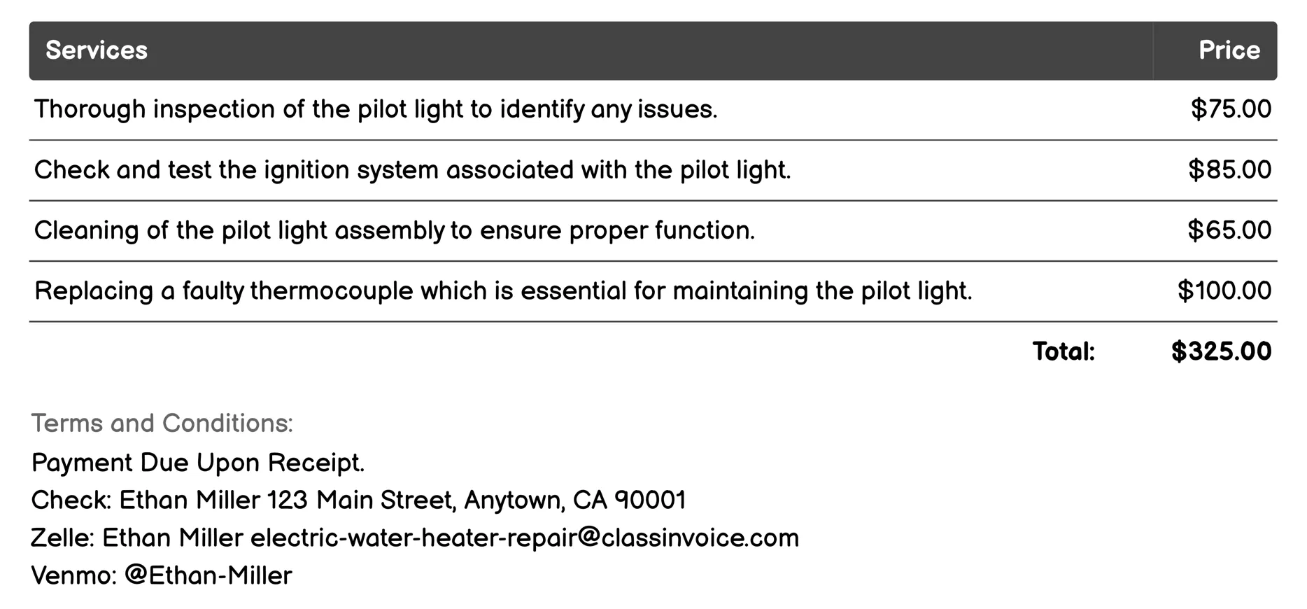 Pilot Light Repair Invoice Example