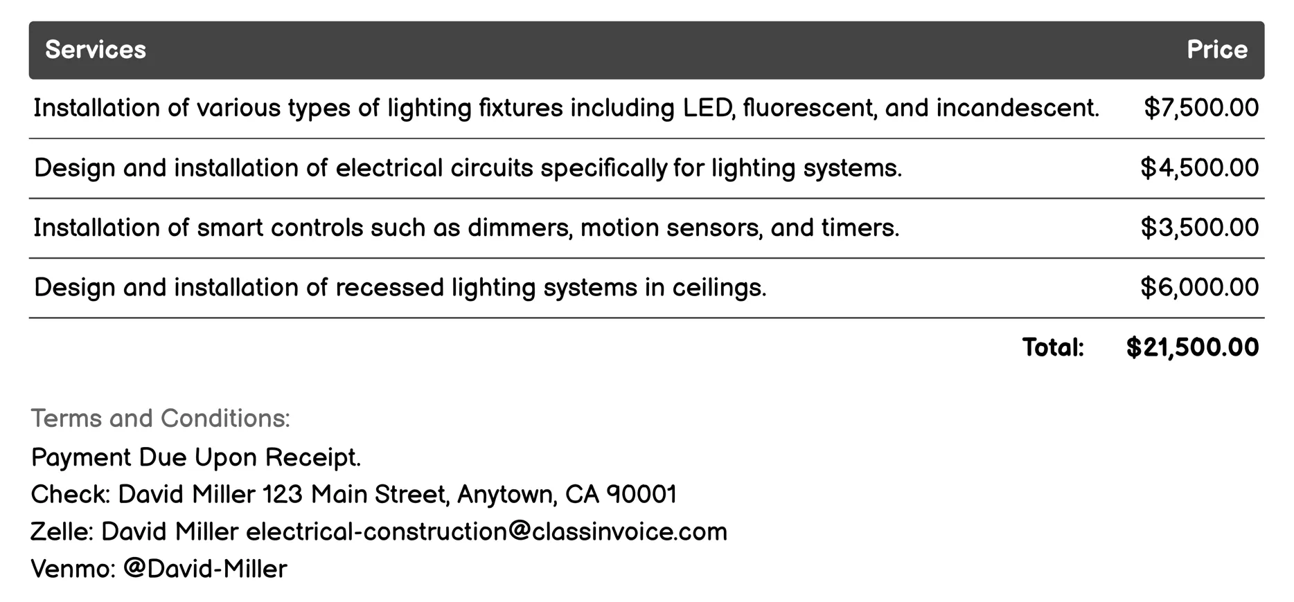 Lighting Design and Installation Invoice Example
