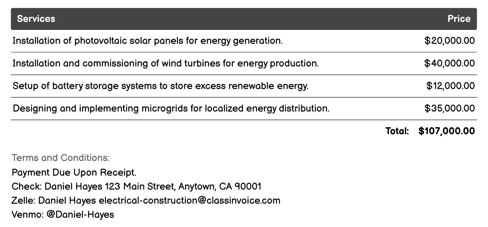 Renewable Energy Systems Invoice Example