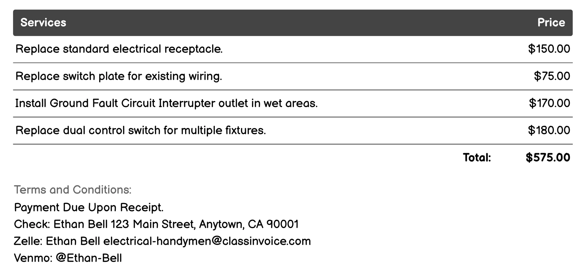Receptacle and Switch Replacement Invoice Example