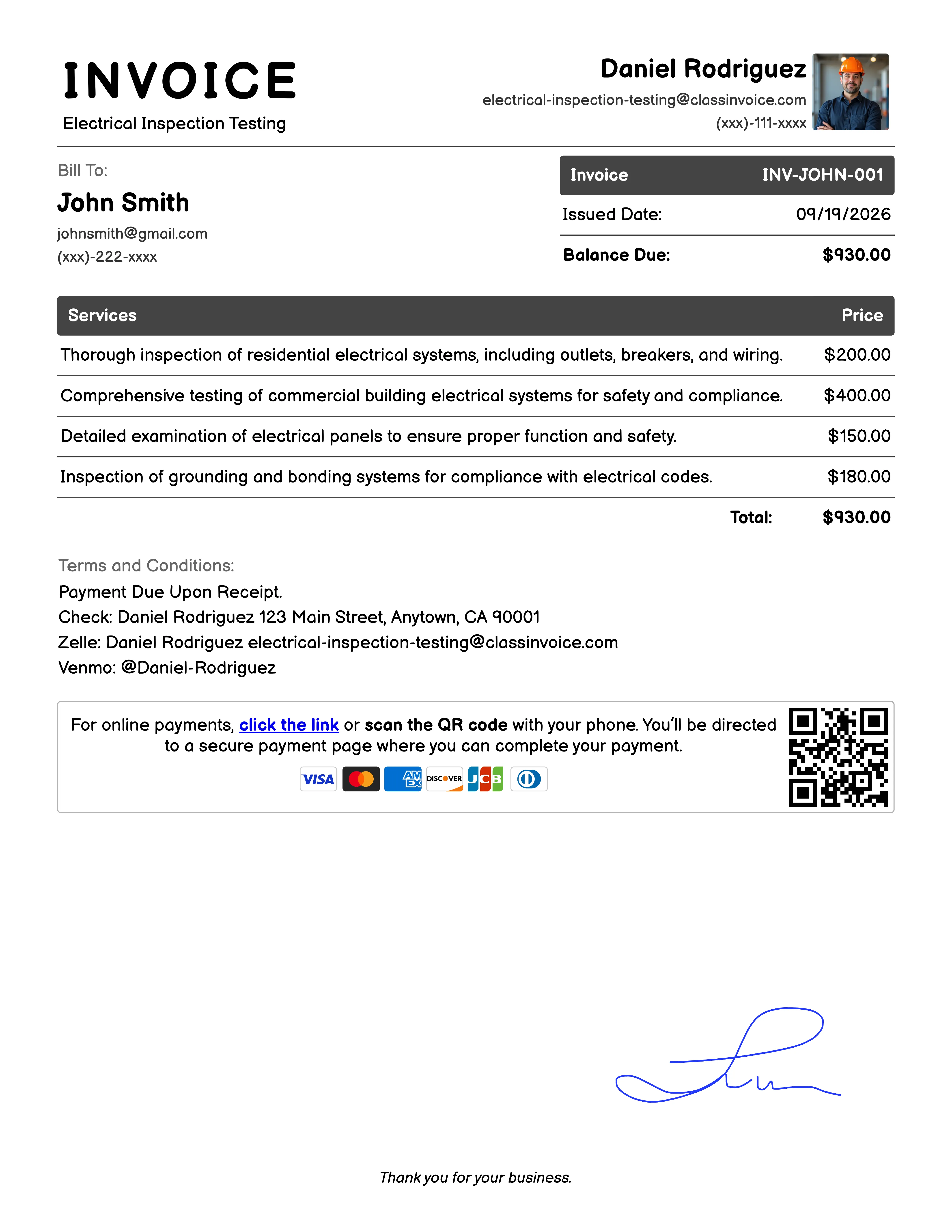 Electrical Inspection Testing Invoice Example