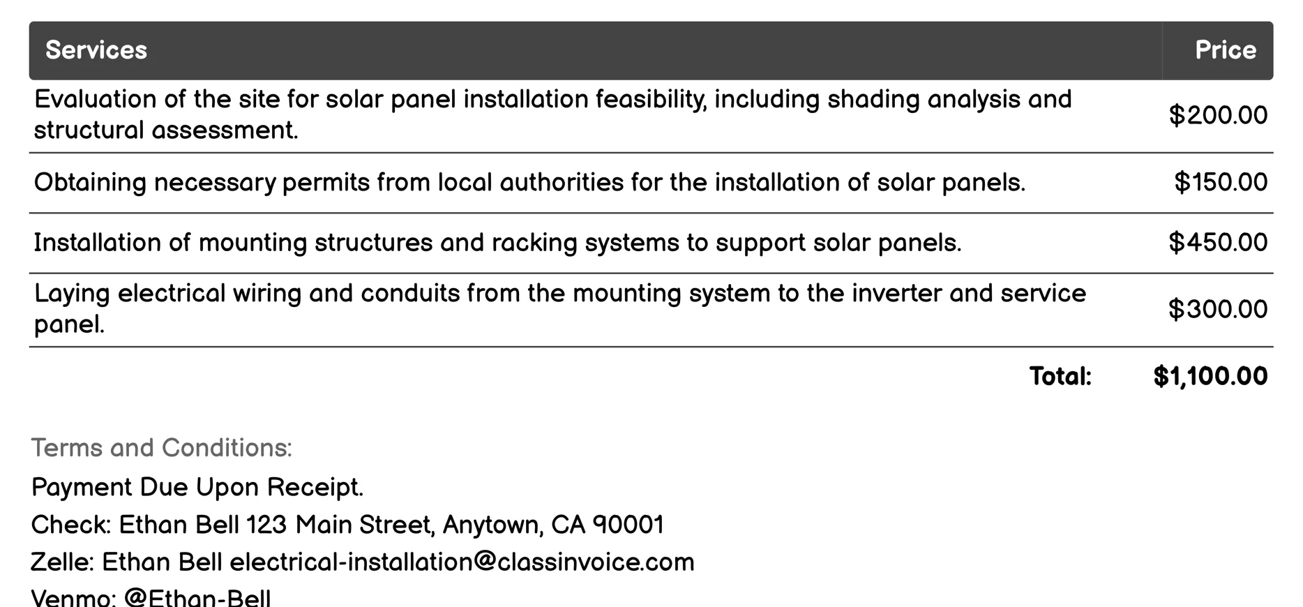 Solar Panel Installation Invoice Example
