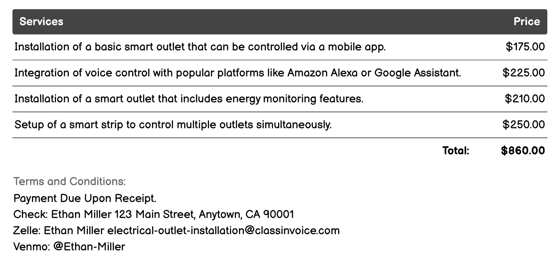 Smart Home Electrical Outlet Installation Invoice Example