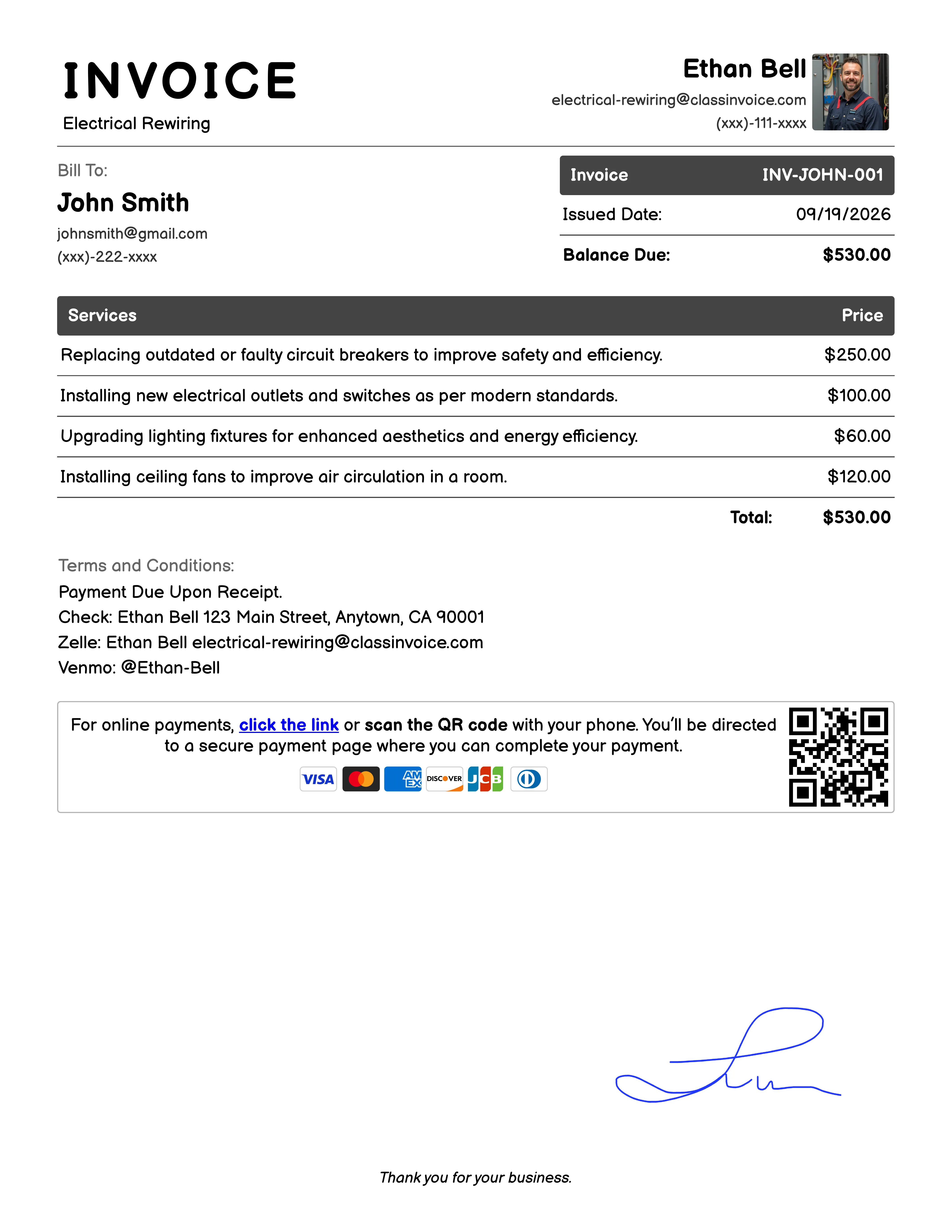 Electrical Rewiring Invoice Example