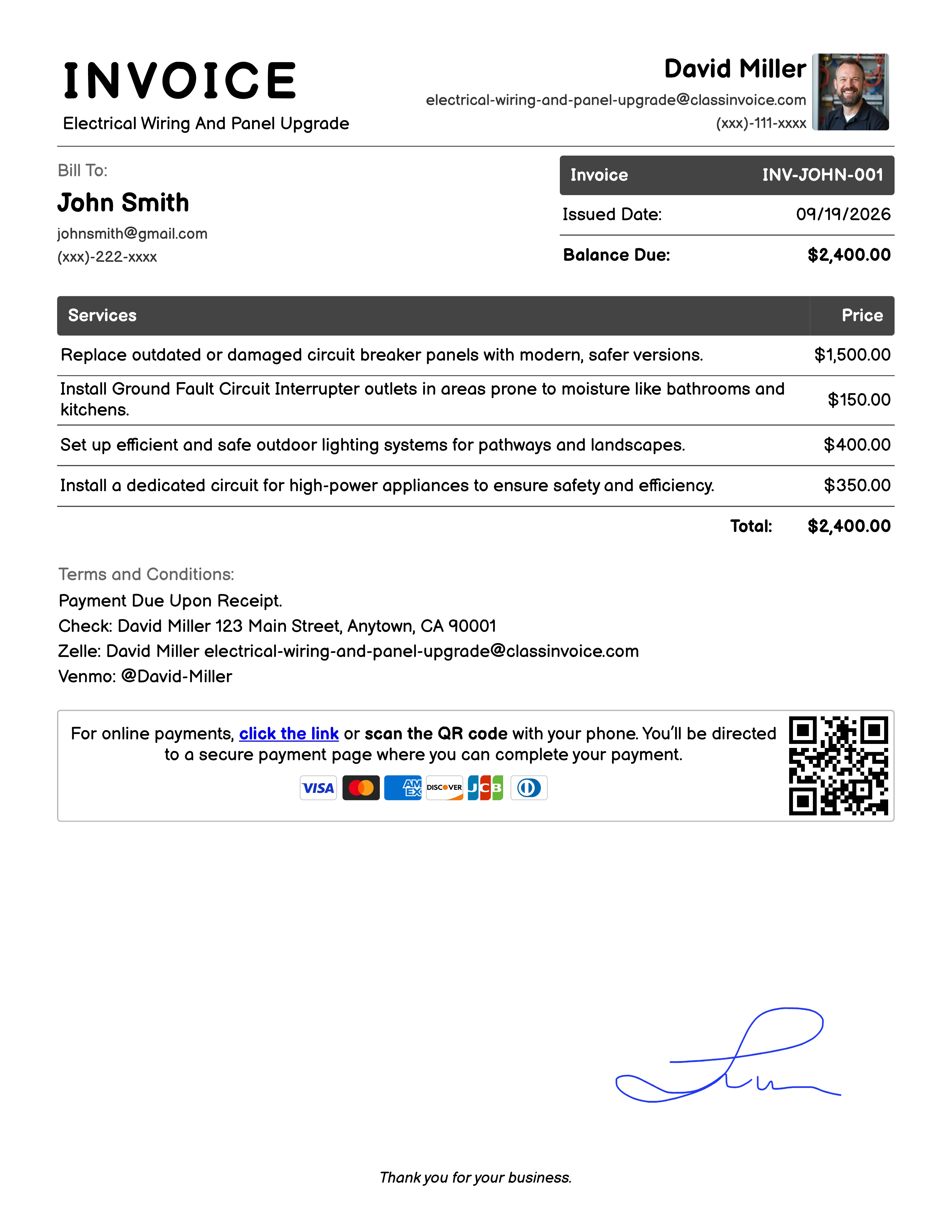 Electrical Wiring And Panel Upgrade Invoice Example