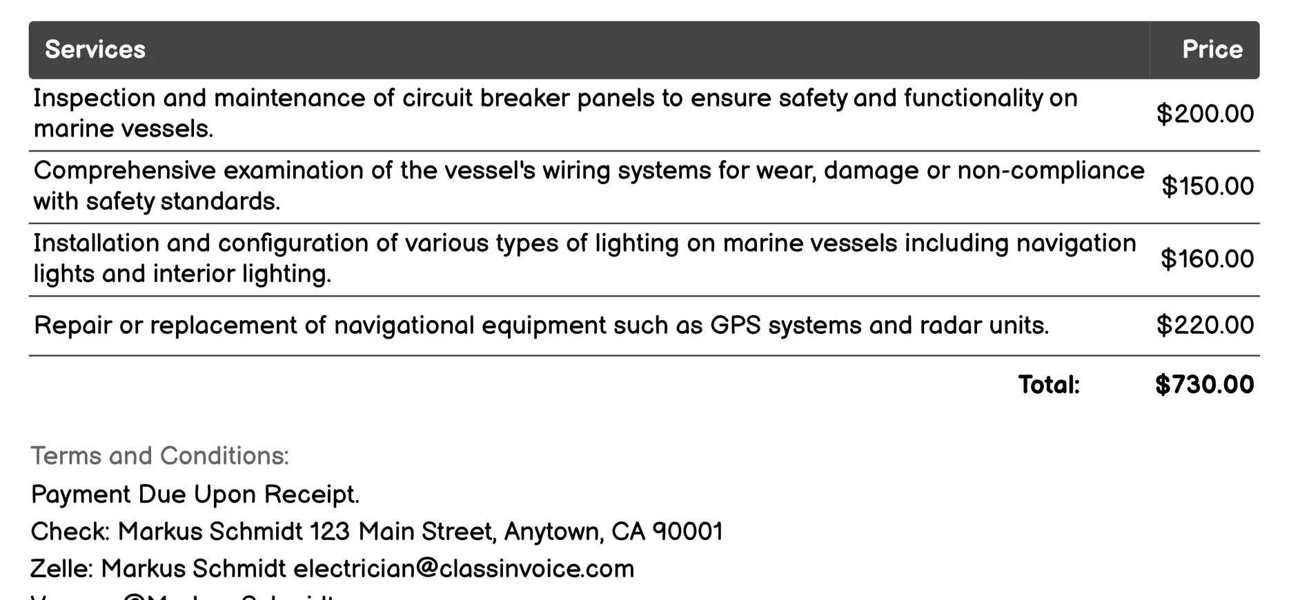 Marine Electrician Invoice Example
