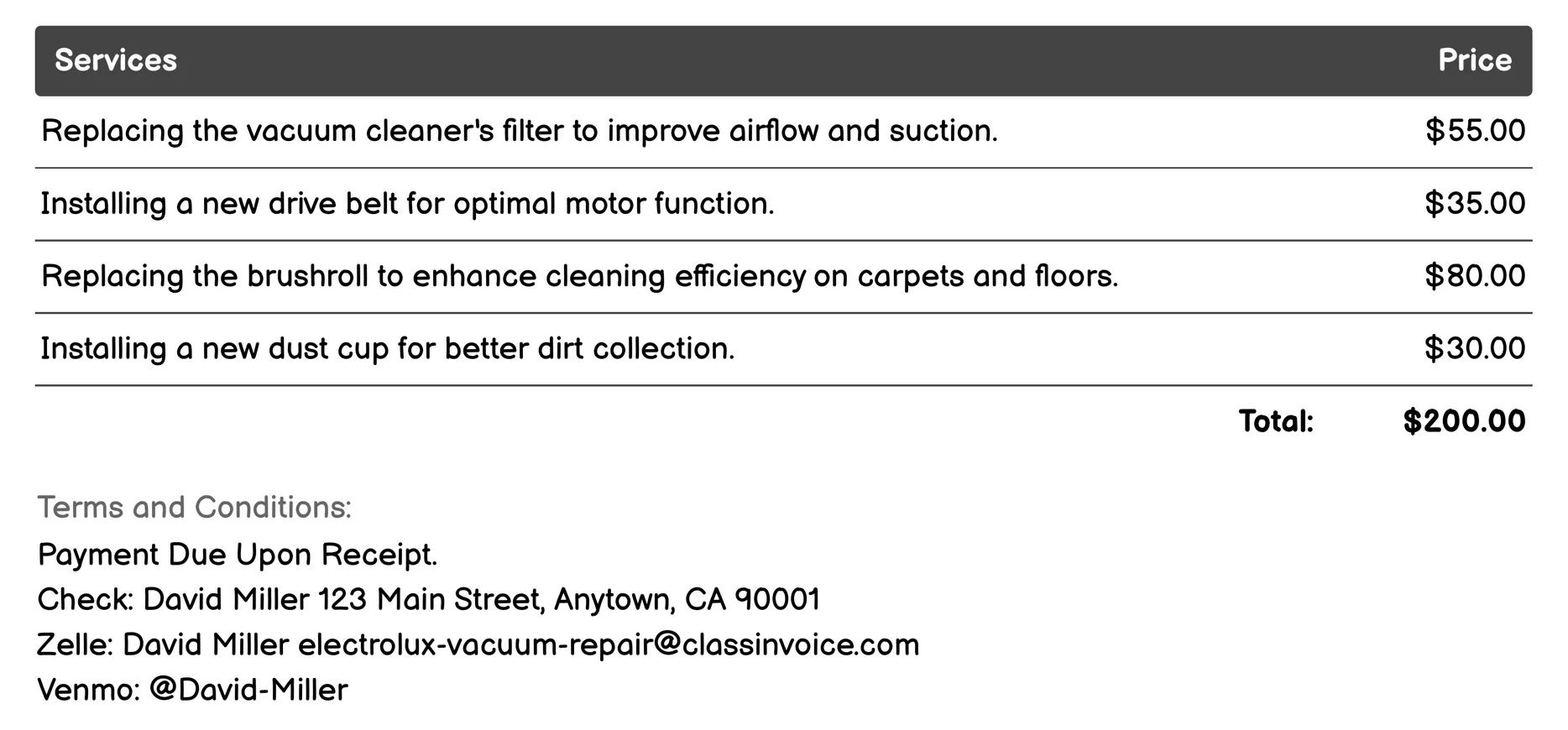 Parts Replacement Invoice Example