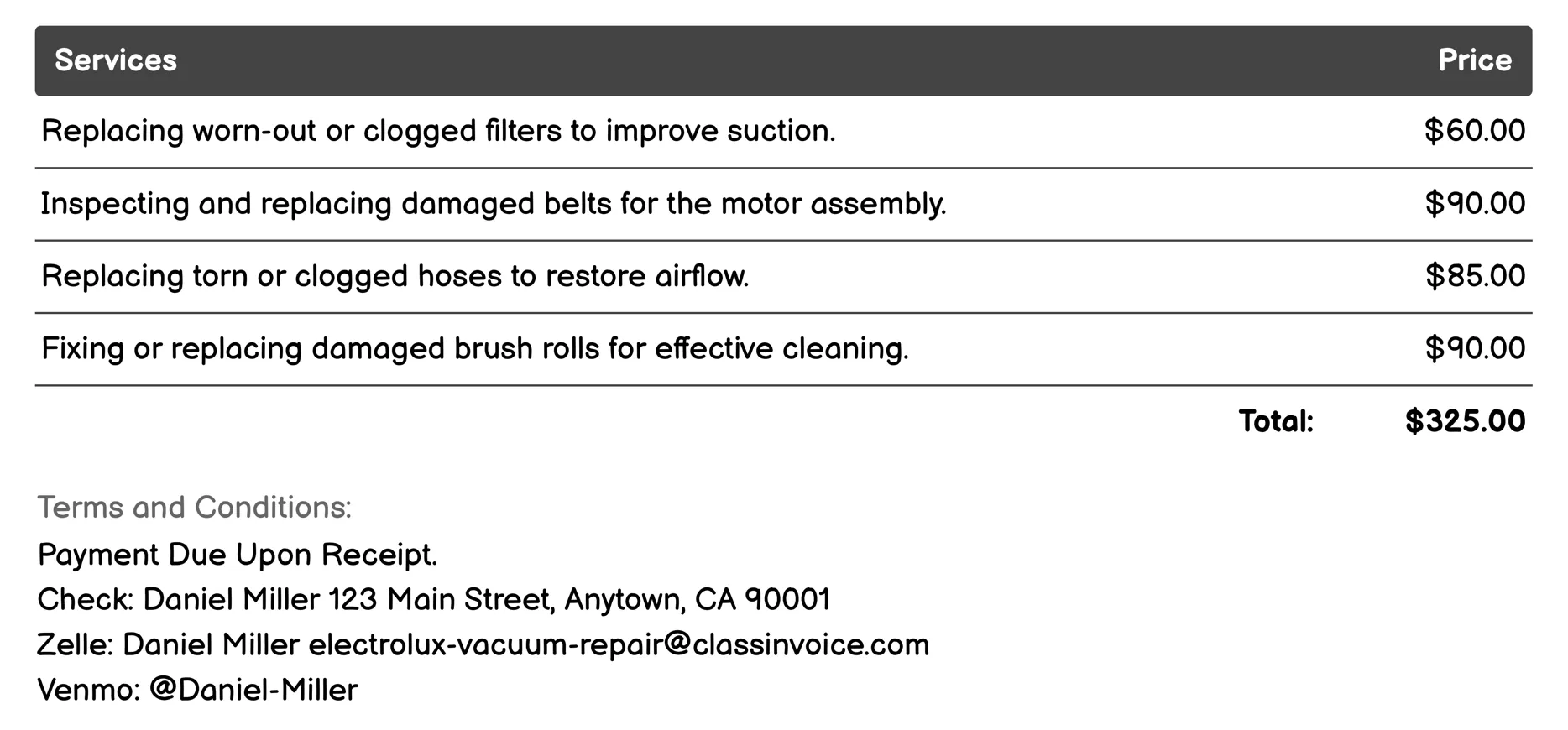 Upright Vacuum Repair Invoice Example