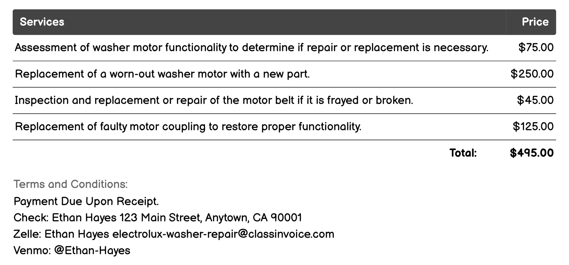 Motor Repair/Replacement Invoice Example